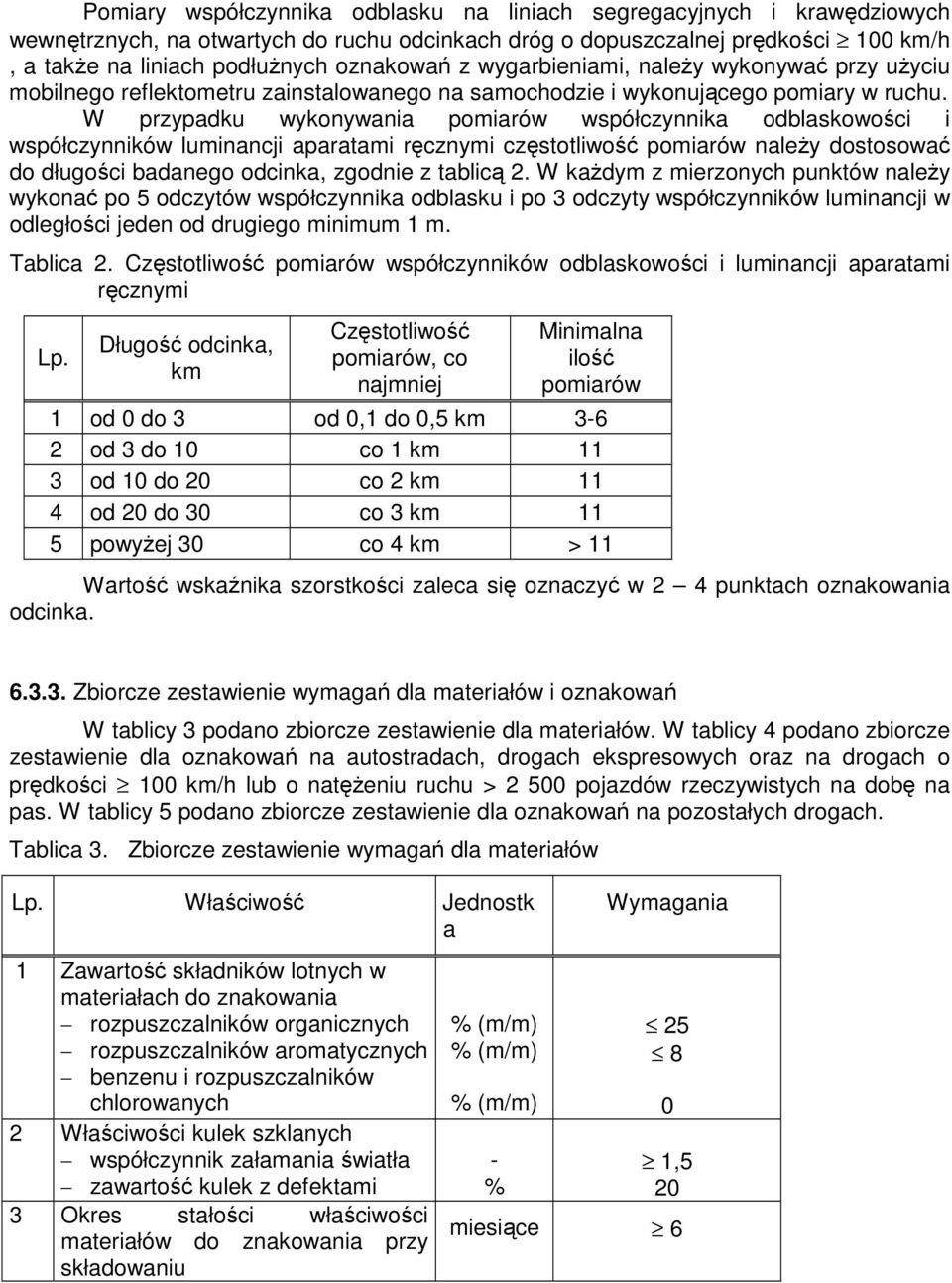 W przypadku wykonywania pomiarów współczynnika odblaskowości i współczynników luminancji aparatami ręcznymi częstotliwość pomiarów naleŝy dostosować do długości badanego odcinka, zgodnie z tablicą 2.