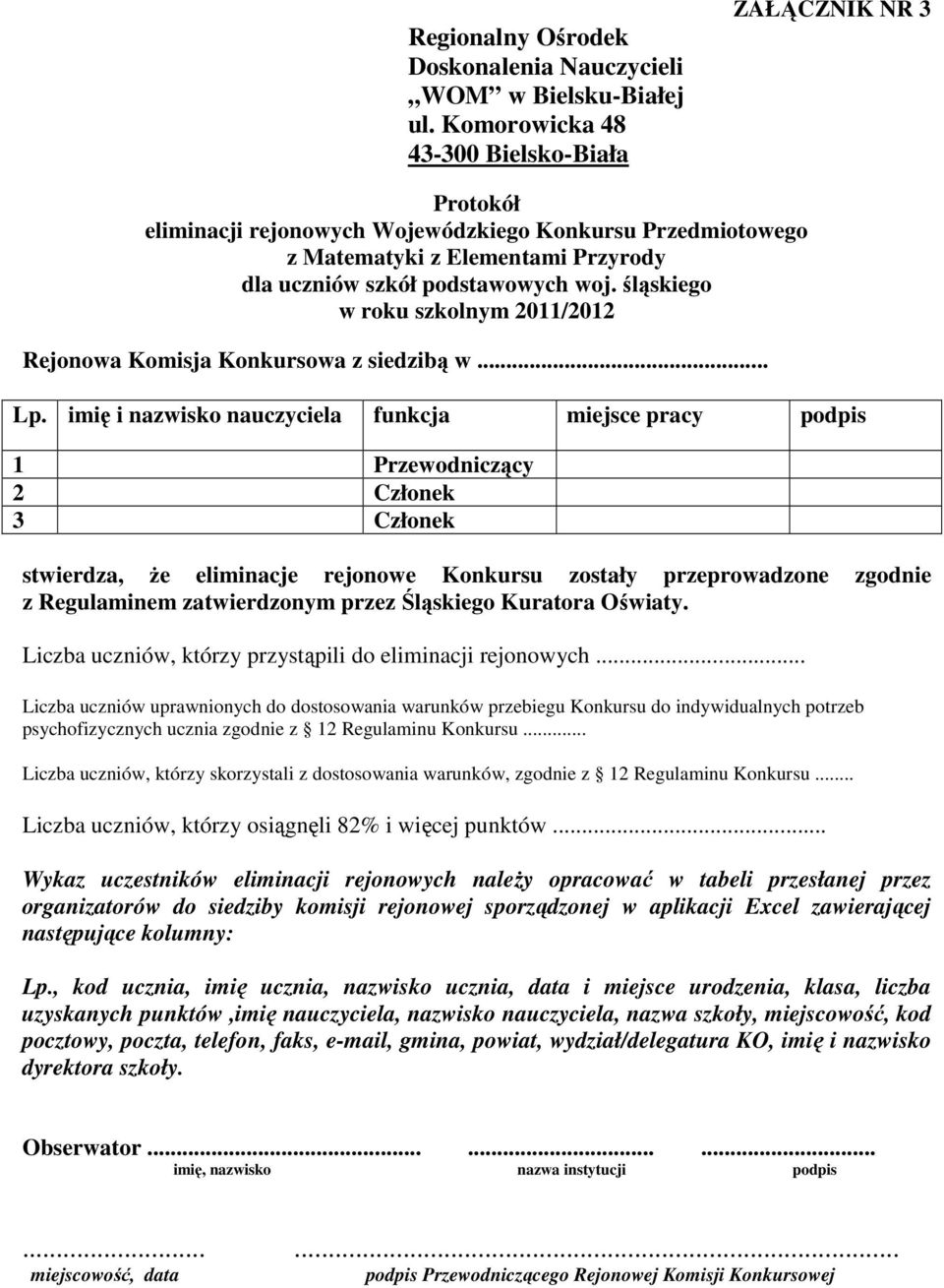 imię i nazwisko nauczyciela funkcja miejsce pracy podpis 1 Przewodniczący 2 Członek 3 Członek stwierdza, że eliminacje rejonowe Konkursu zostały przeprowadzone zgodnie z Regulaminem zatwierdzonym