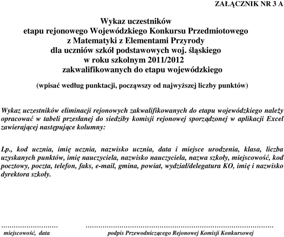 zawierającej następujące kolumny: Lp.