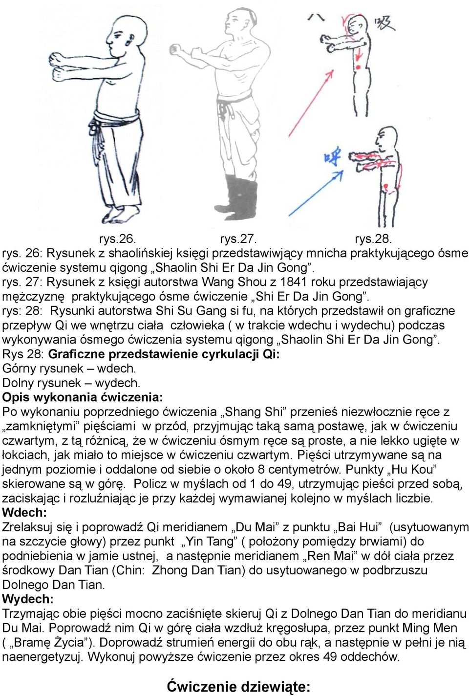 qigong Shaolin Shi Er Da Jin Gong. Rys 28: Graficzne przedstawienie cyrkulacji Qi: Górny rysunek wdech. Dolny rysunek wydech.