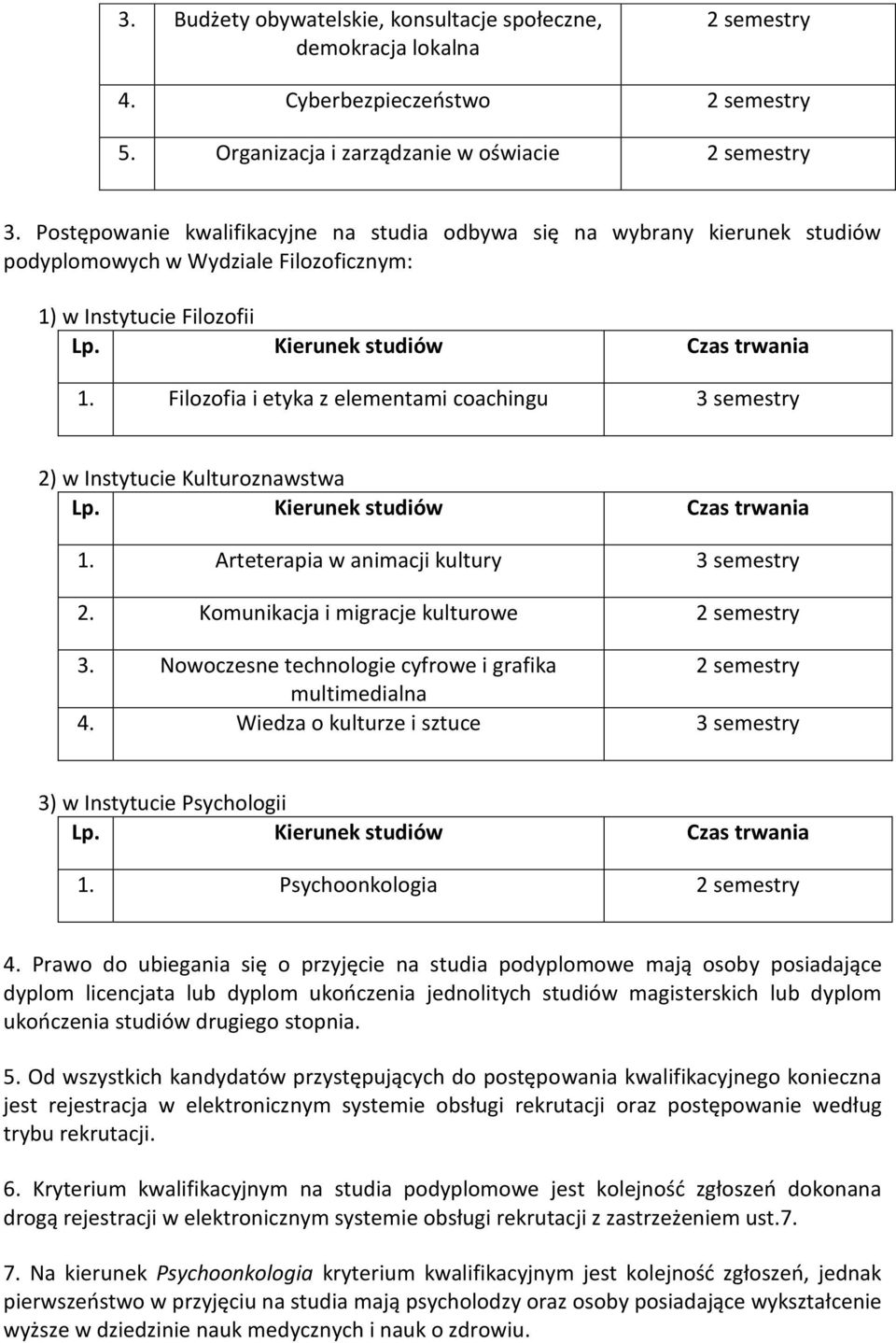 Filozofia i etyka z elementami coachingu 3 semestry 2) w Instytucie Kulturoznawstwa 1. Arteterapia w animacji kultury 3 semestry 2. Komunikacja i migracje kulturowe 3.