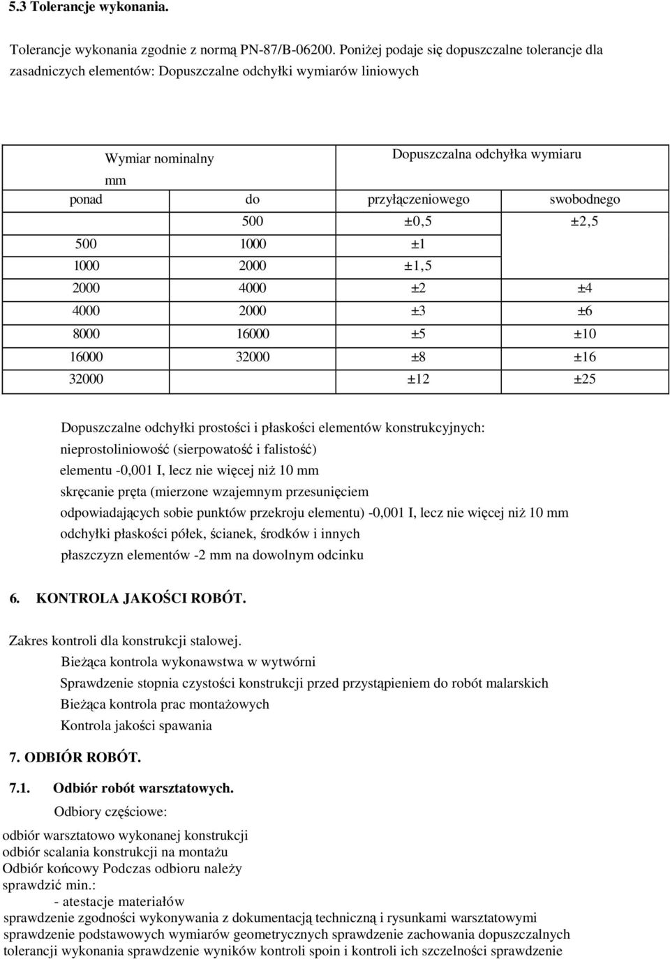 500 ±0,5 ±2,5 500 1000 ±1 1000 2000 ±1,5 2000 4000 ±2 ±4 4000 2000 ±3 ±6 8000 16000 ±5 ±10 16000 32000 ±8 ±16 32000 ±12 ±25 Dopuszczalne odchyłki prostości i płaskości elementów konstrukcyjnych: