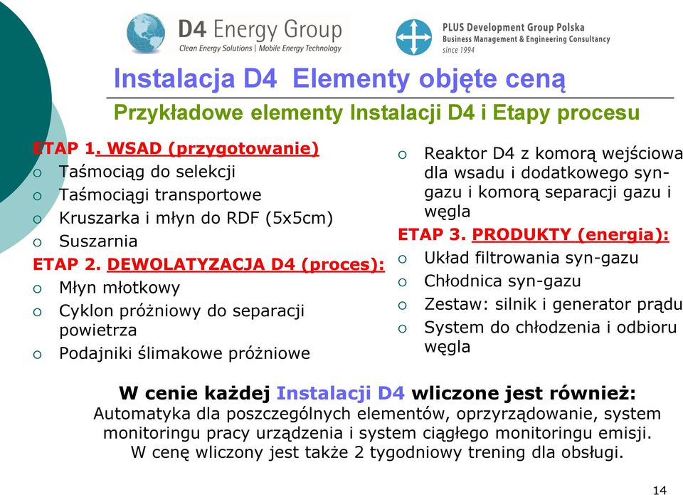 DEWOLATYZACJA D4 (proces): Młyn młotkowy Cyklon próżniowy do separacji powietrza Podajniki ślimakowe próżniowe Reaktor D4 z komorą wejściowa dla wsadu i dodatkowego syngazu i komorą separacji gazu i