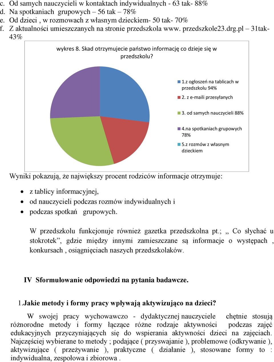 z ogłoszeń na tablicach w przedszkolu 94% 2. z e-maili przesyłanych 3. od samych nauczycieli 88% 4.na spotkaniach grupowych 78% 5.