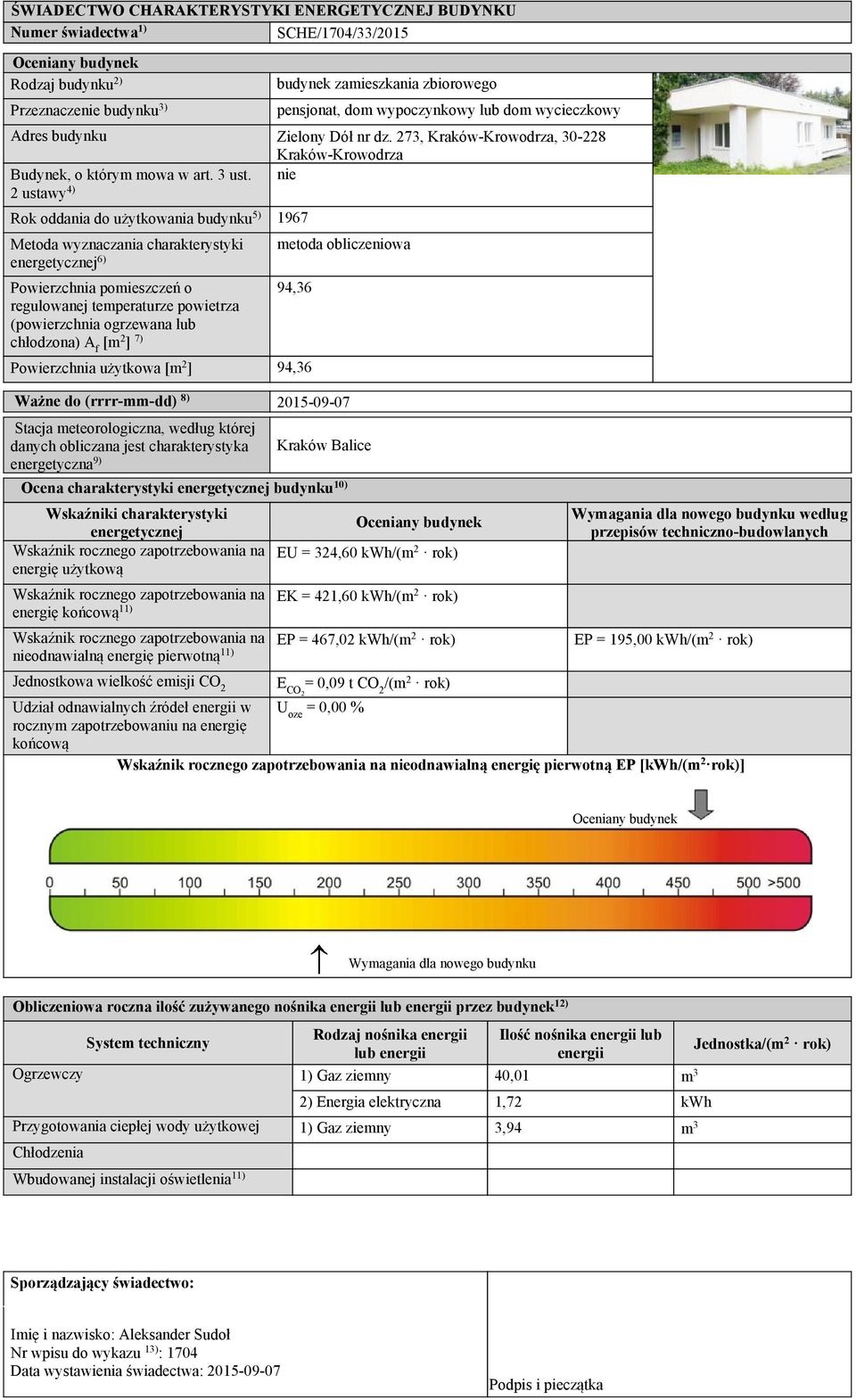 2 ustawy 4) nie Rok oddania do nia budynku 5) 1967 Metoda wyznaczania charakterystyki energetycznej 6) Powierzchnia pomieszczeń o regulowanej temperaturze powietrza (powierzchnia ogrzewana lub