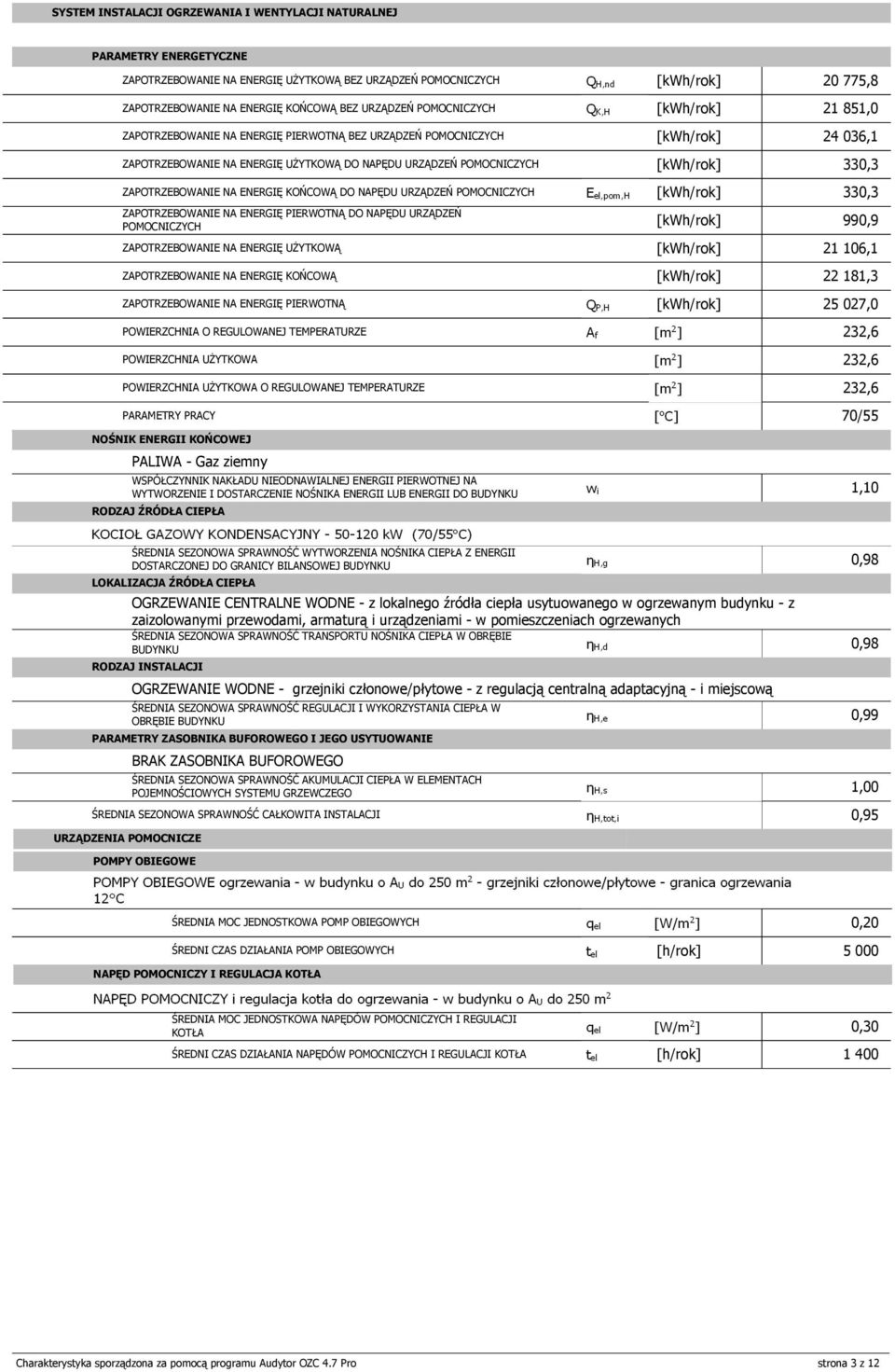 POMOCNICZYCH 330,3 ZAPOTRZEBOWANIE NA ENERGIĘ PIERWOTNĄ DO NAPĘDU URZĄDZEŃ POMOCNICZYCH 990,9 ZAPOTRZEBOWANIE NA ENERGIĘ UŻYTKOWĄ 21 106,1 ZAPOTRZEBOWANIE NA ENERGIĘ KOŃCOWĄ 22 181,3 ZAPOTRZEBOWANIE