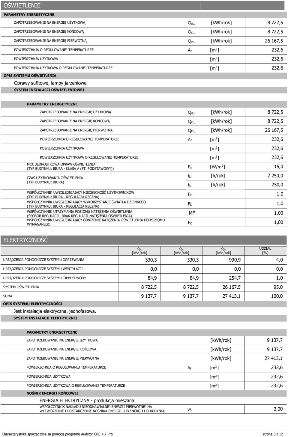 JEDNOSTKOWA OPRAW OŚWIETLENIA (TYP BUDYNKU: BIURA - KLASA A (ST.