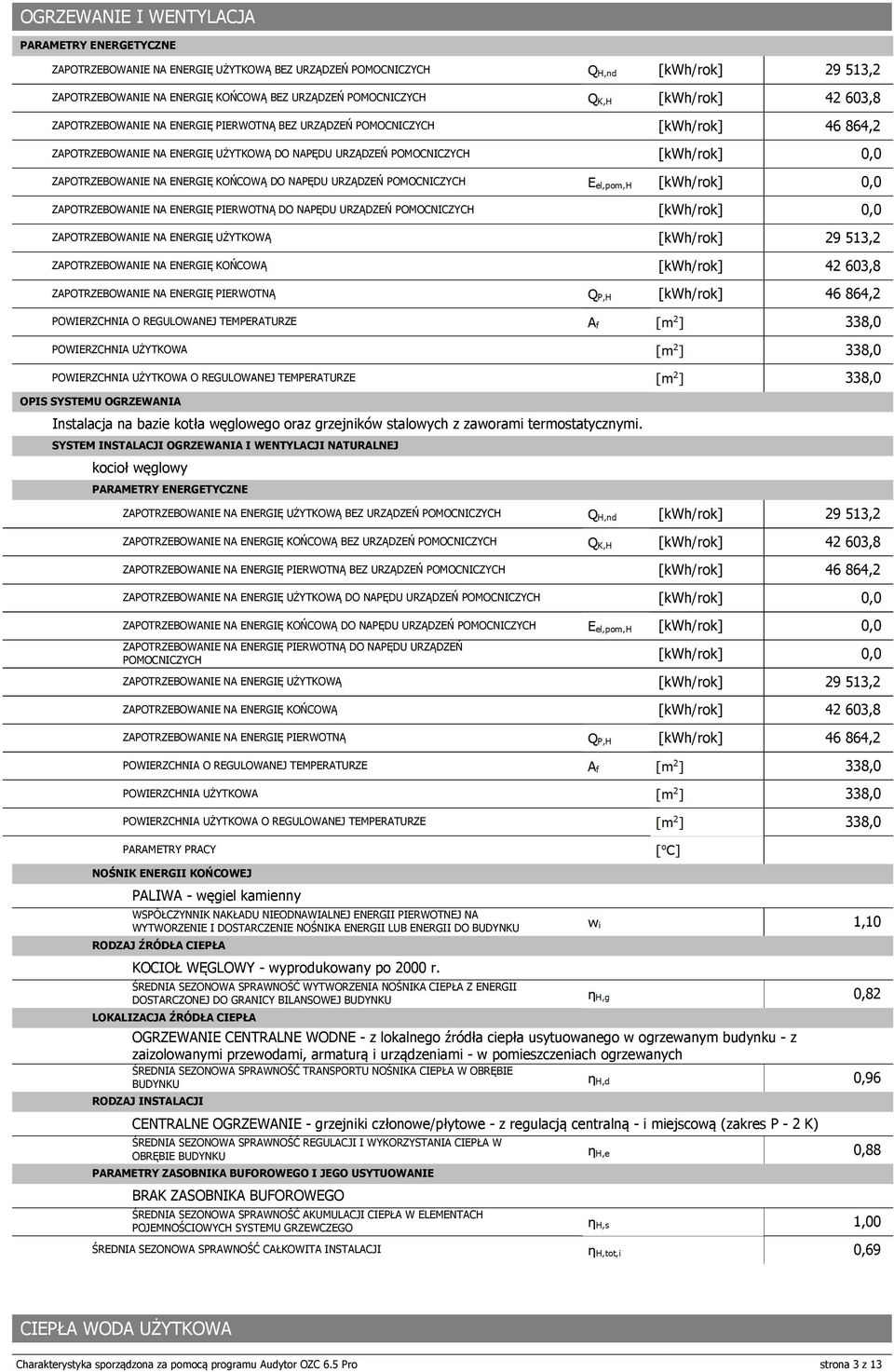 DO NAĘDU URZĄDZEŃ OMOCNICZYCH ZAOTRZEBOWANIE NA ENERGIĘ UŻYTKOWĄ 29 53,2 ZAOTRZEBOWANIE NA ENERGIĘ KOŃCOWĄ ZAOTRZEBOWANIE NA ENERGIĘ IERWOTNĄ OWIERZCHNIA O REGULOWANEJ TEMERATURZE OWIERZCHNIA