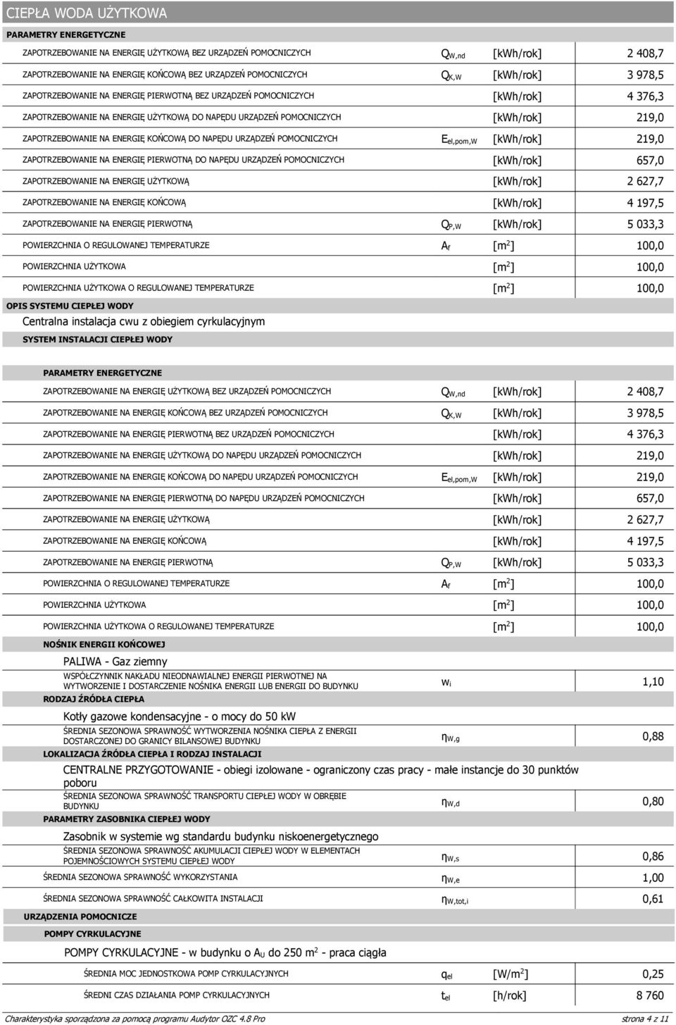 POMOCNICZYCH E el,pom,w 219,0 ZAPOTRZEBOWANIE NA ENERGIĘ PIERWOTNĄ DO NAPĘDU URZĄDZEŃ POMOCNICZYCH 657,0 ZAPOTRZEBOWANIE NA ENERGIĘ UŻYTKOWĄ 2 627,7 ZAPOTRZEBOWANIE NA ENERGIĘ KOŃCOWĄ 4 197,5