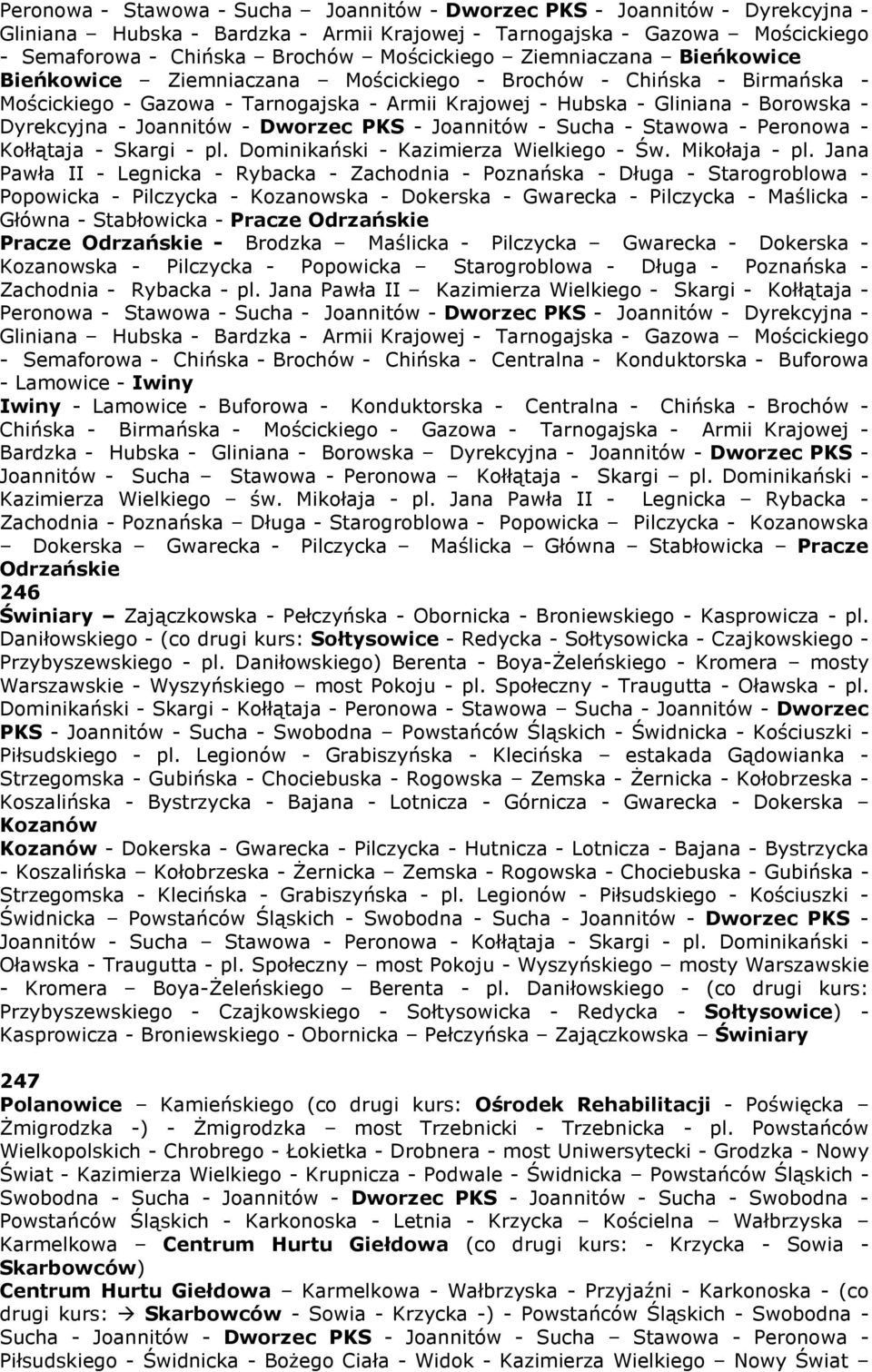 Joannitów - Dworzec PKS - Joannitów - Sucha - Stawowa - Peronowa - Kołłątaja - Skargi - pl. Dominikański - Kazimierza Wielkiego - Św. Mikołaja - pl.