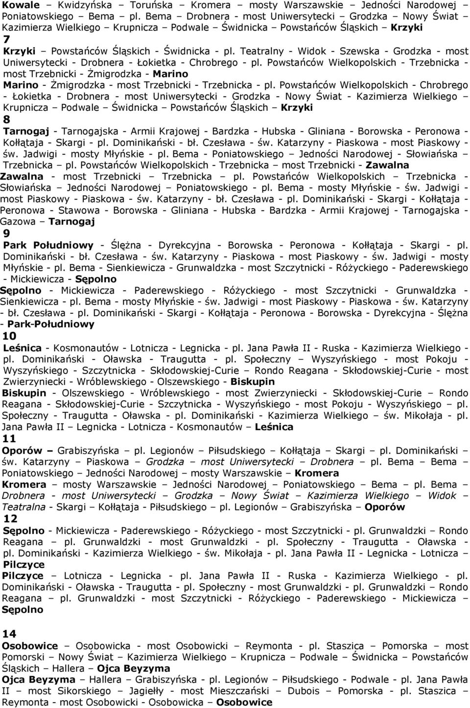 Teatralny - Widok - Szewska - Grodzka - most Uniwersytecki - Drobnera - Łokietka - Chrobrego - pl.