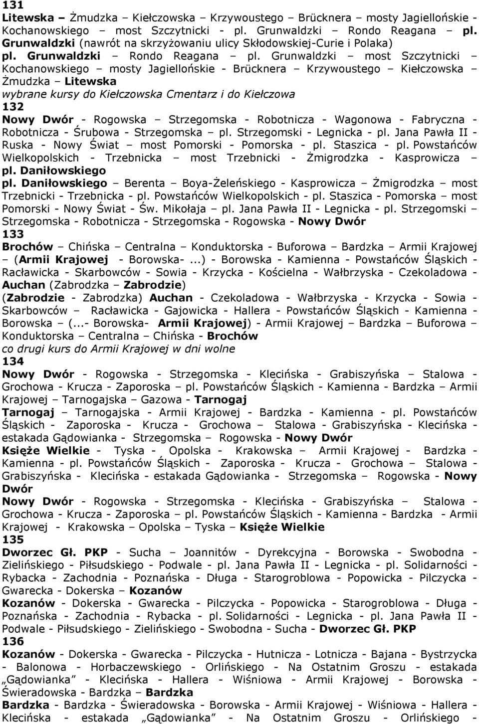 Grunwaldzki most Szczytnicki Kochanowskiego mosty Jagiellońskie - Brücknera Krzywoustego Kiełczowska śmudzka Litewska wybrane kursy do Kiełczowska Cmentarz i do Kiełczowa 132 Nowy Dwór - Rogowska