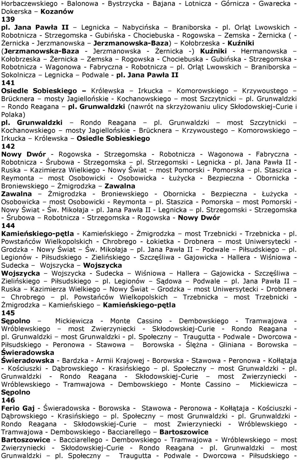 - śernicka -) Kuźniki - Hermanowska Kołobrzeska śernicka Zemska Rogowska - Chociebuska - Gubińska - Strzegomska - Robotnicza - Wagonowa - Fabryczna - Robotnicza pl.