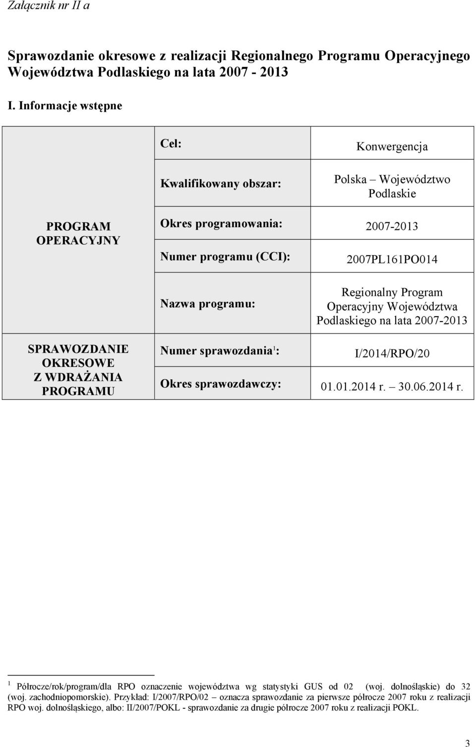 Regionalny Program Operacyjny Województwa Podlaskiego na lata 20072013 SPRAWOZDANIE OKRESOWE Z WDRAŻANIA PROGRAMU Numer sprawozdania 1 : I/2014/RPO/20 Okres sprawozdawczy: 01.01.2014 r.