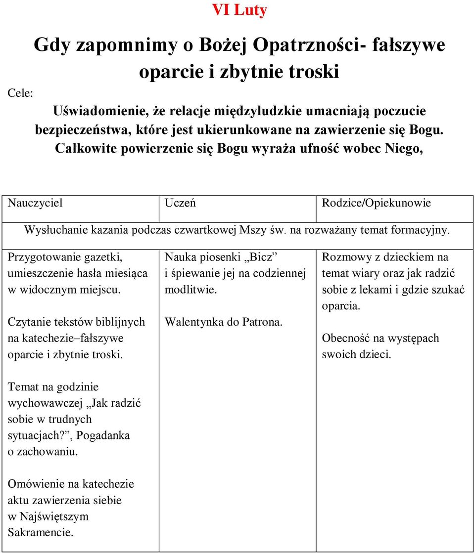 Temat na godzinie wychowawczej Jak radzić sobie w trudnych sytuacjach?, Pogadanka o zachowaniu. Nauka piosenki Bicz i śpiewanie jej na codziennej modlitwie. Walentynka do Patrona.