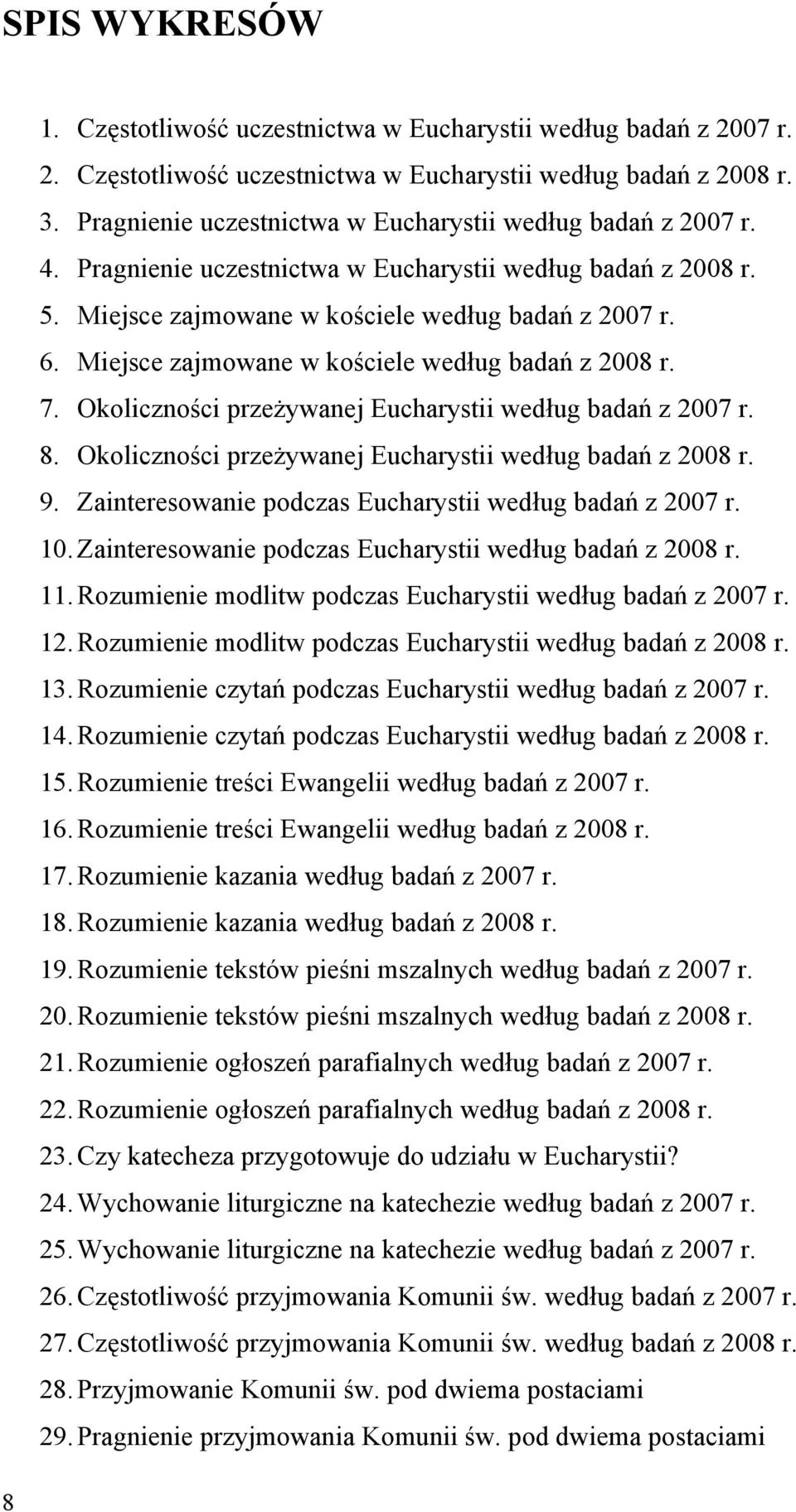 Miejsce zajmowane w kościele według badań z 2008 r. 7. Okoliczności przeżywanej Eucharystii według badań z 2007 r. 8. Okoliczności przeżywanej Eucharystii według badań z 2008 r. 9.