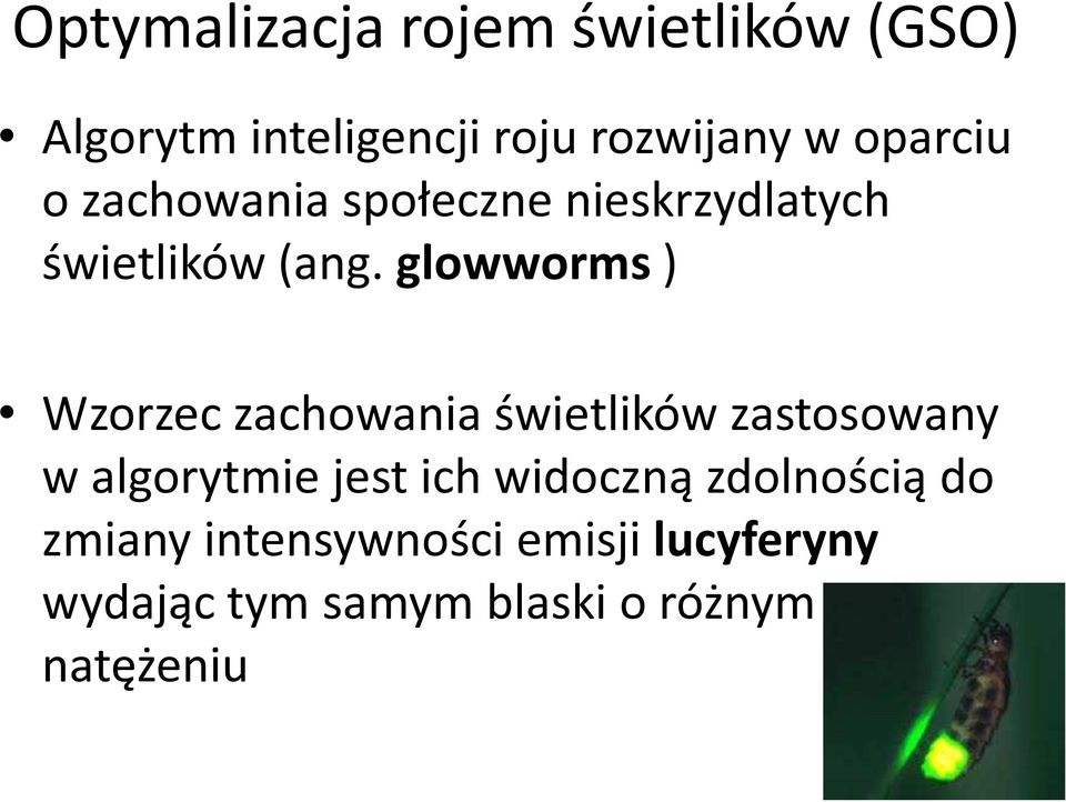 glowworms ) Wzorzec zachowana śwetlków zastosowany w algorytme jest ch