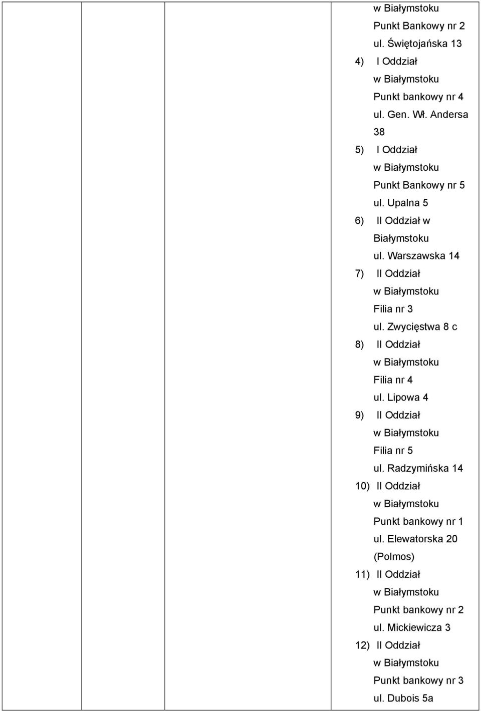 Warszawska 14 7) II Oddział Filia nr 3 ul. Zwycięstwa 8 c 8) II Oddział Filia nr 4 ul.