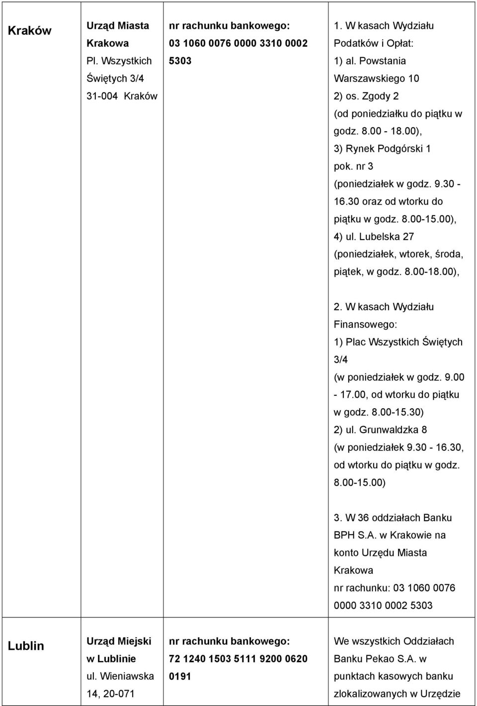 Lubelska 27 (poniedziałek, wtorek, środa, piątek, w godz. 8.00-18.00), 2. W kasach Wydziału Finansowego: 1) Plac Wszystkich Świętych 3/4 (w poniedziałek w godz. 9.00-17.00, od wtorku do piątku w godz.