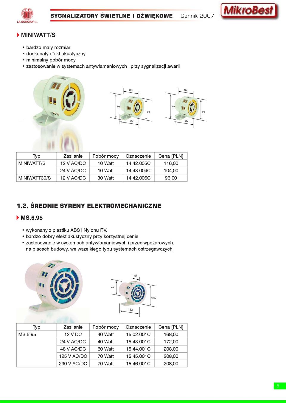 V. bardzo dobry efekt akustyczny przy korzystnej cenie zastosowanie w systemach antywłamaniowych i przeciwpożarowych, na placach budowy, we wszelkiego typu systemach ostrzegawczych MS.6.