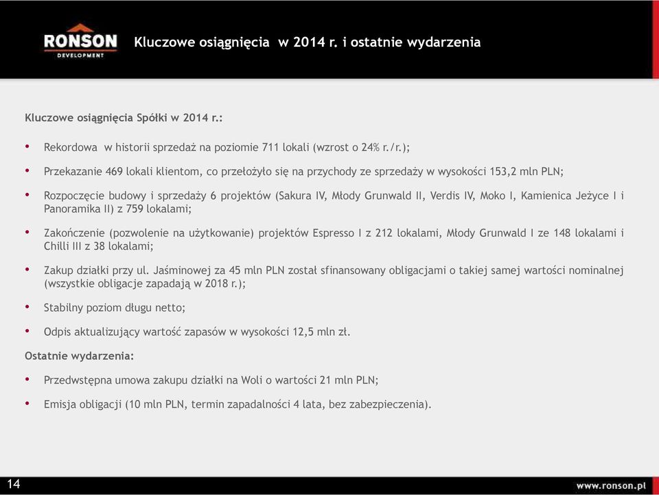 Kamienica JeŜyce I i Panoramika II) z 759 lokalami; Zakończenie (pozwolenie na uŝytkowanie) projektów Espresso I z 212 lokalami, Młody Grunwald I ze 148 lokalami i Chilli III z 38 lokalami; Zakup