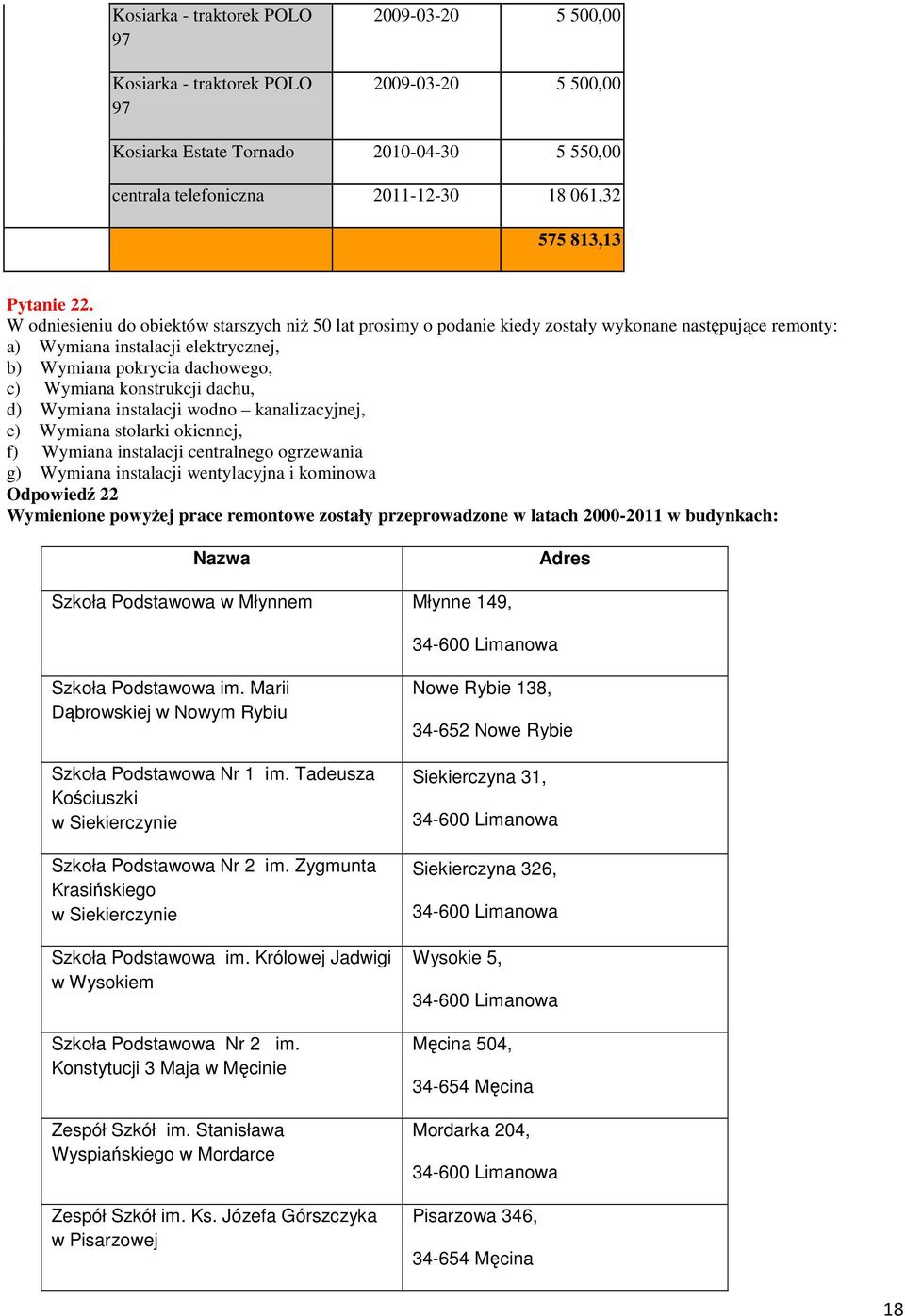 W odniesieniu do obiektów starszych niż 50 lat prosimy o podanie kiedy zostały wykonane następujące remonty: a) Wymiana instalacji elektrycznej, b) Wymiana pokrycia dachowego, c) Wymiana konstrukcji