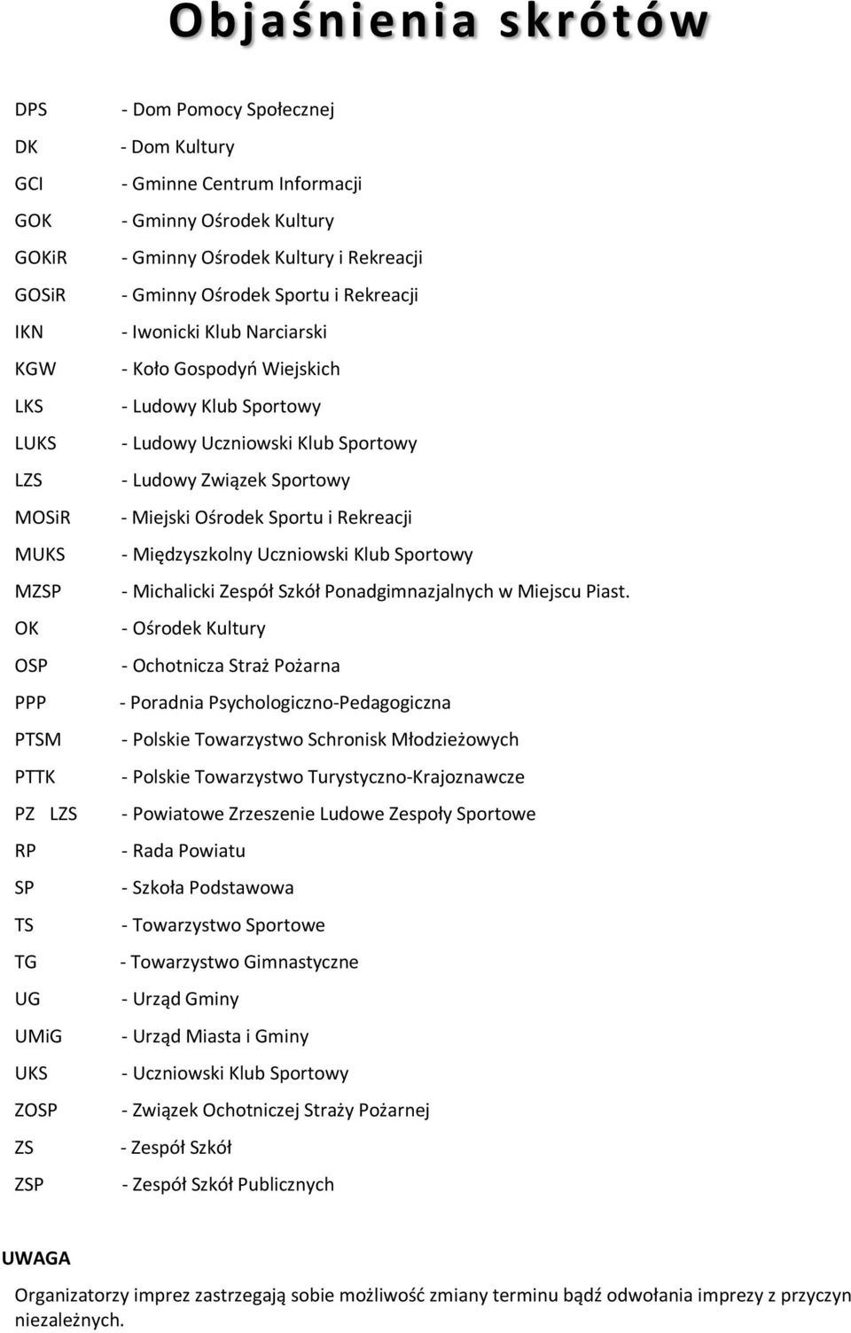 Uczniowski Klub Sportowy - Ludowy Związek Sportowy - Miejski Ośrodek Sportu i Rekreacji - Międzyszkolny Uczniowski Klub Sportowy - Michalicki Zespół Szkół Ponadgimnazjalnych w Miejscu Piast.