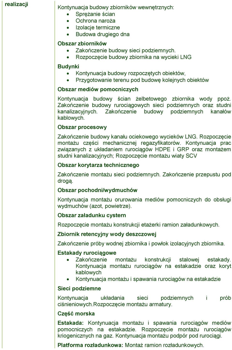 żelbetowego zbiornika wody ppoż. Zakończenie budowy rurociągowych sieci podziemnych oraz studni kanalizacyjnych. Zakończenie budowy podziemnych kanałów kablowych.