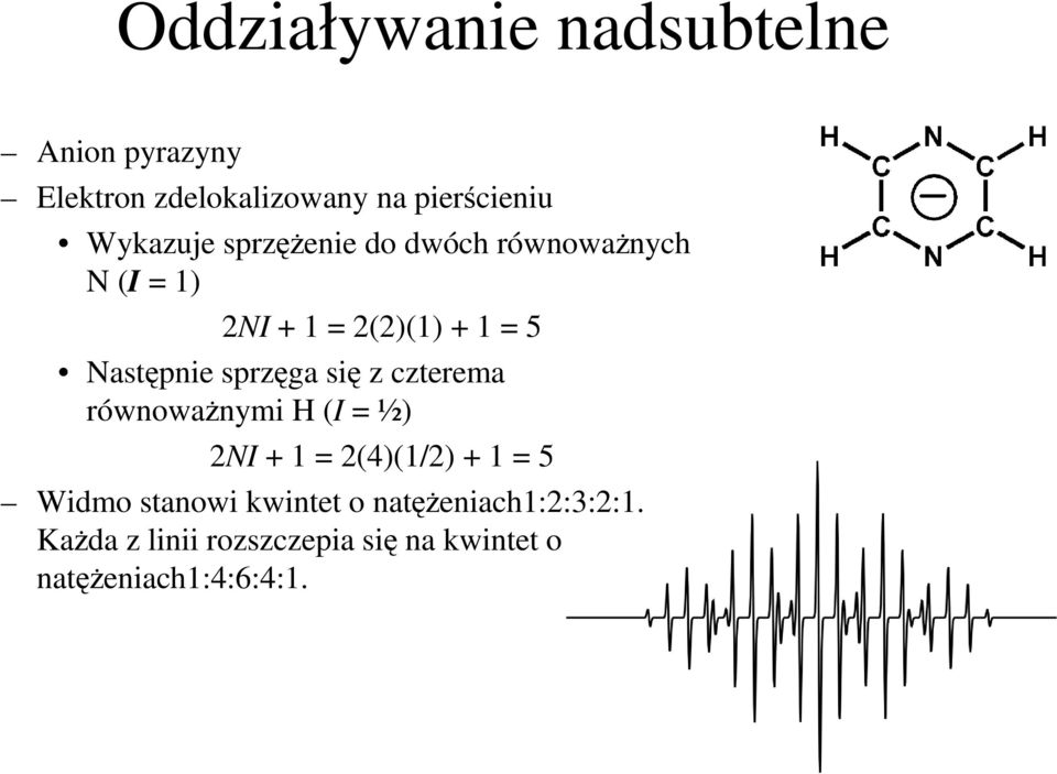 sprzęga się z czterema równowaŝnymi H (I = ½) 2NI + 1 = 2(4)(1/2) + 1 = 5 Widmo stanowi