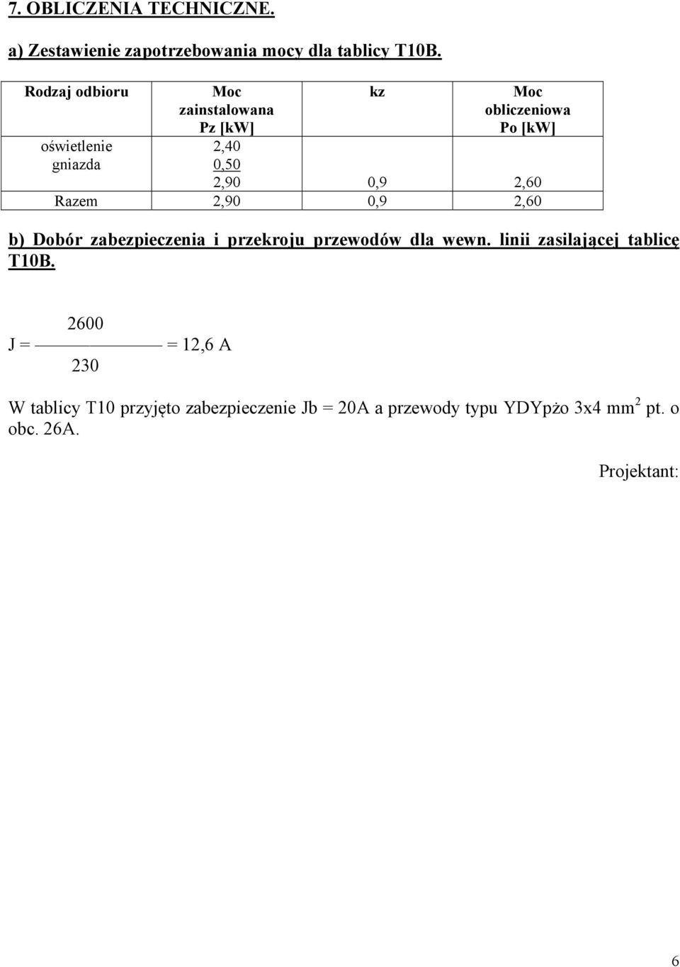 2,60 Razem 2,90 0,9 2,60 b) Dobór zabezpieczenia i przekroju przewodów dla wewn.