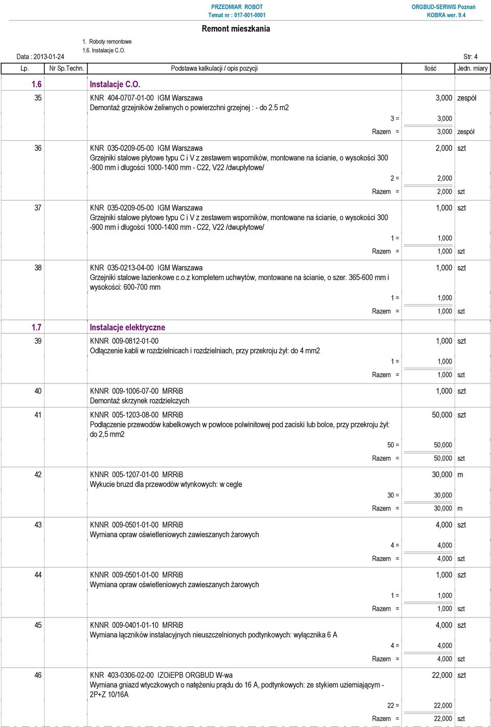 1000-1400 mm - C22, V22 /dwupłytowe/ 2 = 2,000 Razem = 2,000 szt 37 KNR 035-0209-05-00 IGM Warszawa Grzejniki stalowe płytowe typu C i V z zestawem wsporników, montowane na ścianie, o wysokości