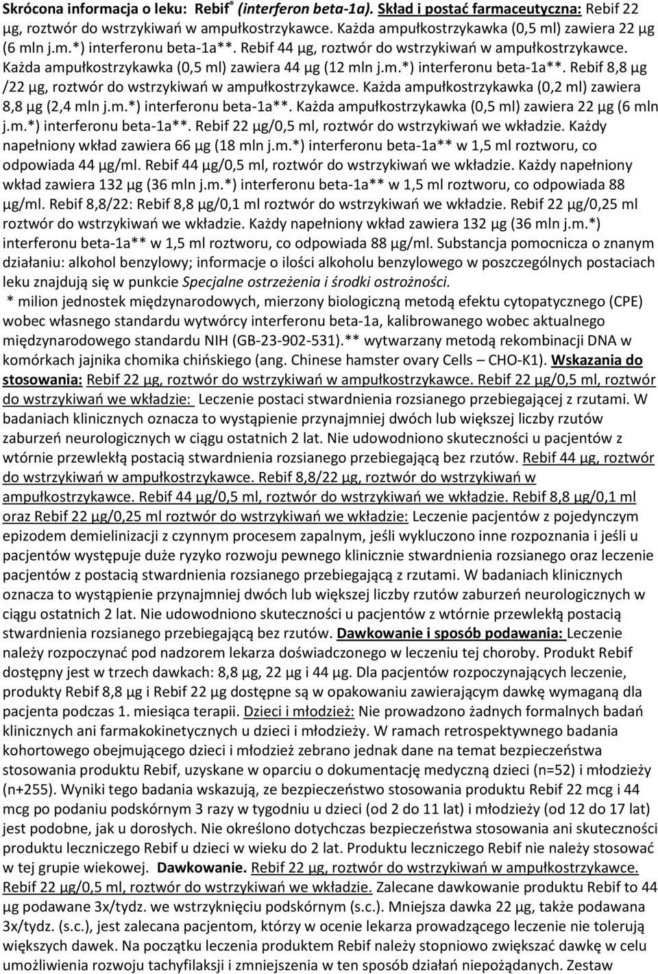 Każda ampułkostrzykawka (0,2 ml) zawiera 8,8 µg (2,4 mln j.m.*) interferonu beta-1a**. Każda ampułkostrzykawka (0,5 ml) zawiera 22 µg (6 mln j.m.*) interferonu beta-1a**. Rebif 22 µg/0,5 ml, roztwór do wstrzykiwań we wkładzie.