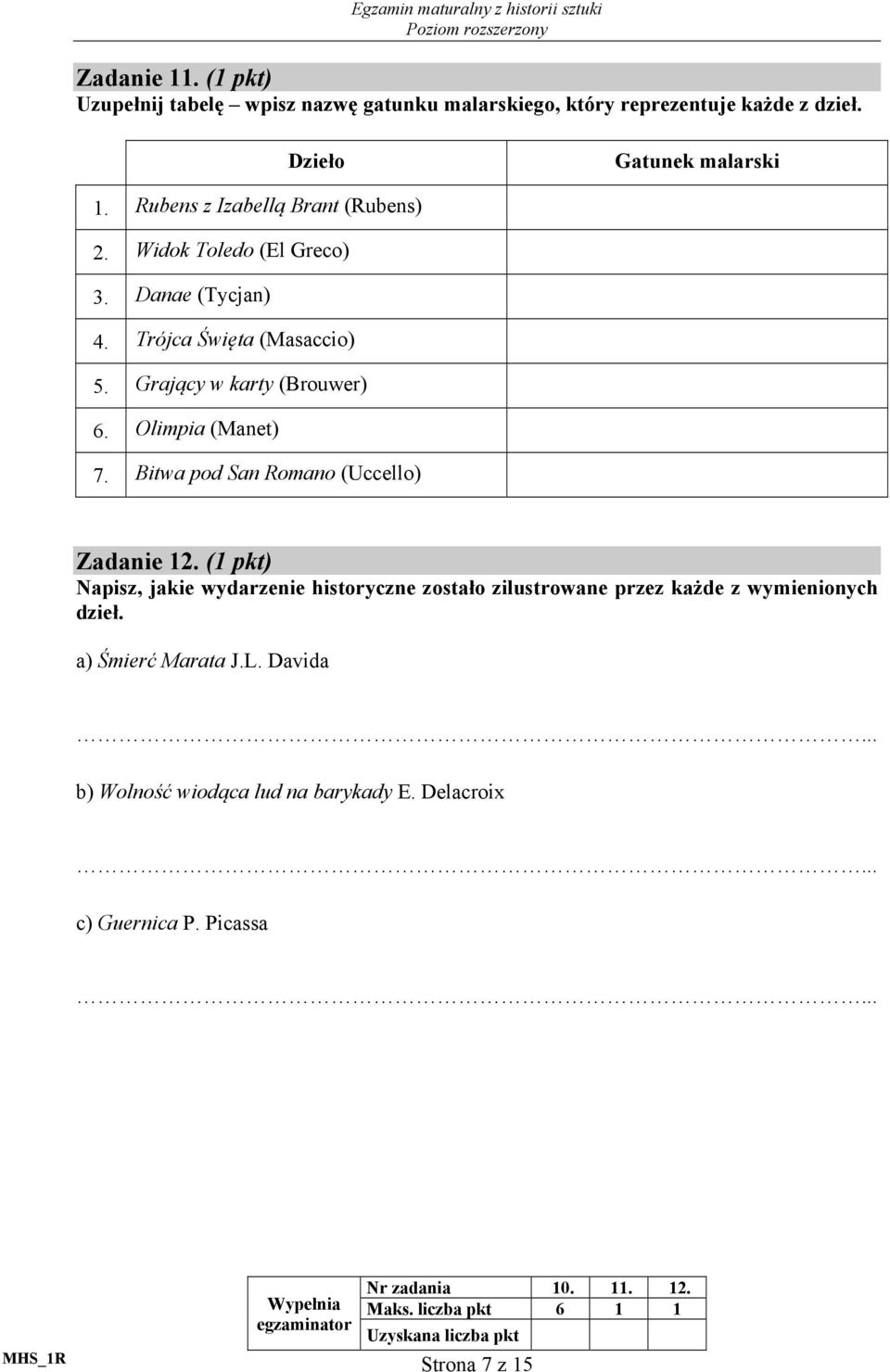 Bitwa pod San Romano (Uccello) Zadanie 12. (1 pkt) Napisz, jakie wydarzenie historyczne zostało zilustrowane przez każde z wymienionych dzieł.