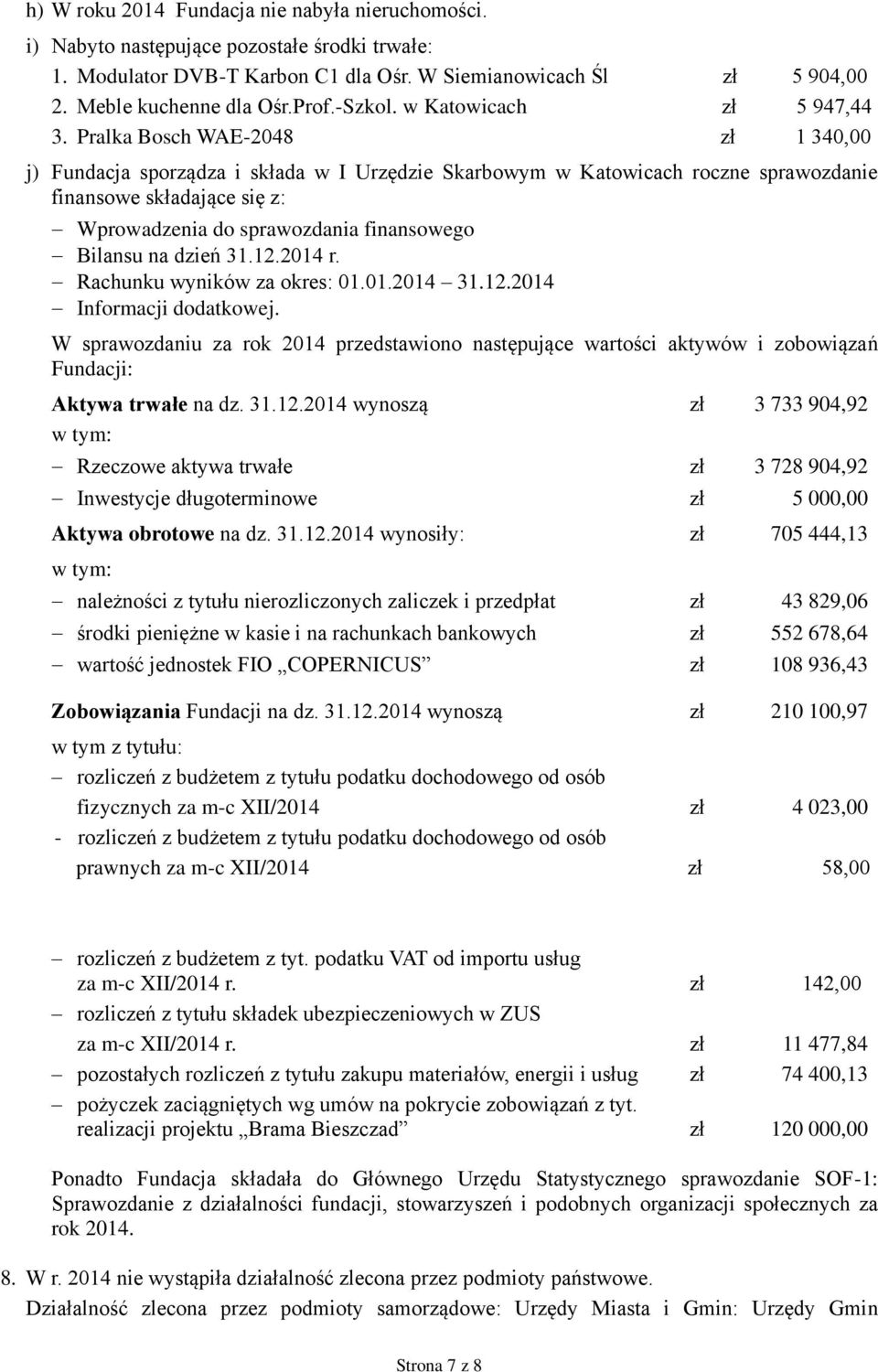 Pralka Bosch WAE-2048 zł 1 340,00 j) Fundacja sporządza i składa w I Urzędzie Skarbowym roczne sprawozdanie finansowe składające się z: Wprowadzenia do sprawozdania finansowego Bilansu na dzień 31.12.