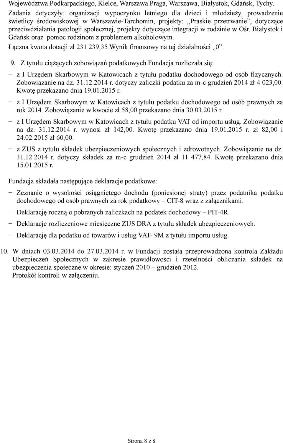 patologii społecznej, projekty dotyczące integracji w rodzinie w Ośr. Białystok i Gdańsk oraz pomoc rodzinom z problemem alkoholowym. Łączna kwota dotacji zł 231 239,35.