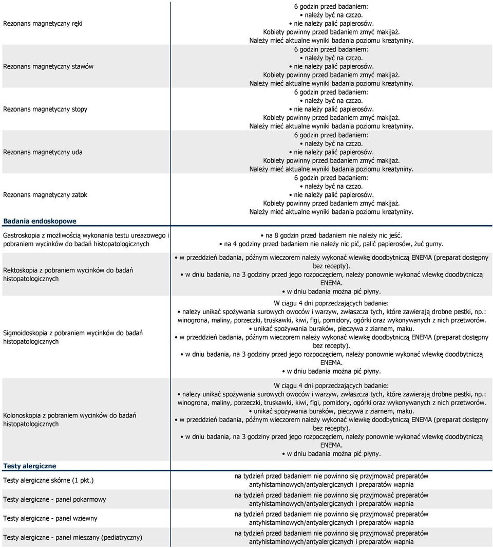 Kolonoskopia z pobraniem wycinków do badań histopatologicznych Testy alergiczne Testy alergiczne skórne (1 pkt.