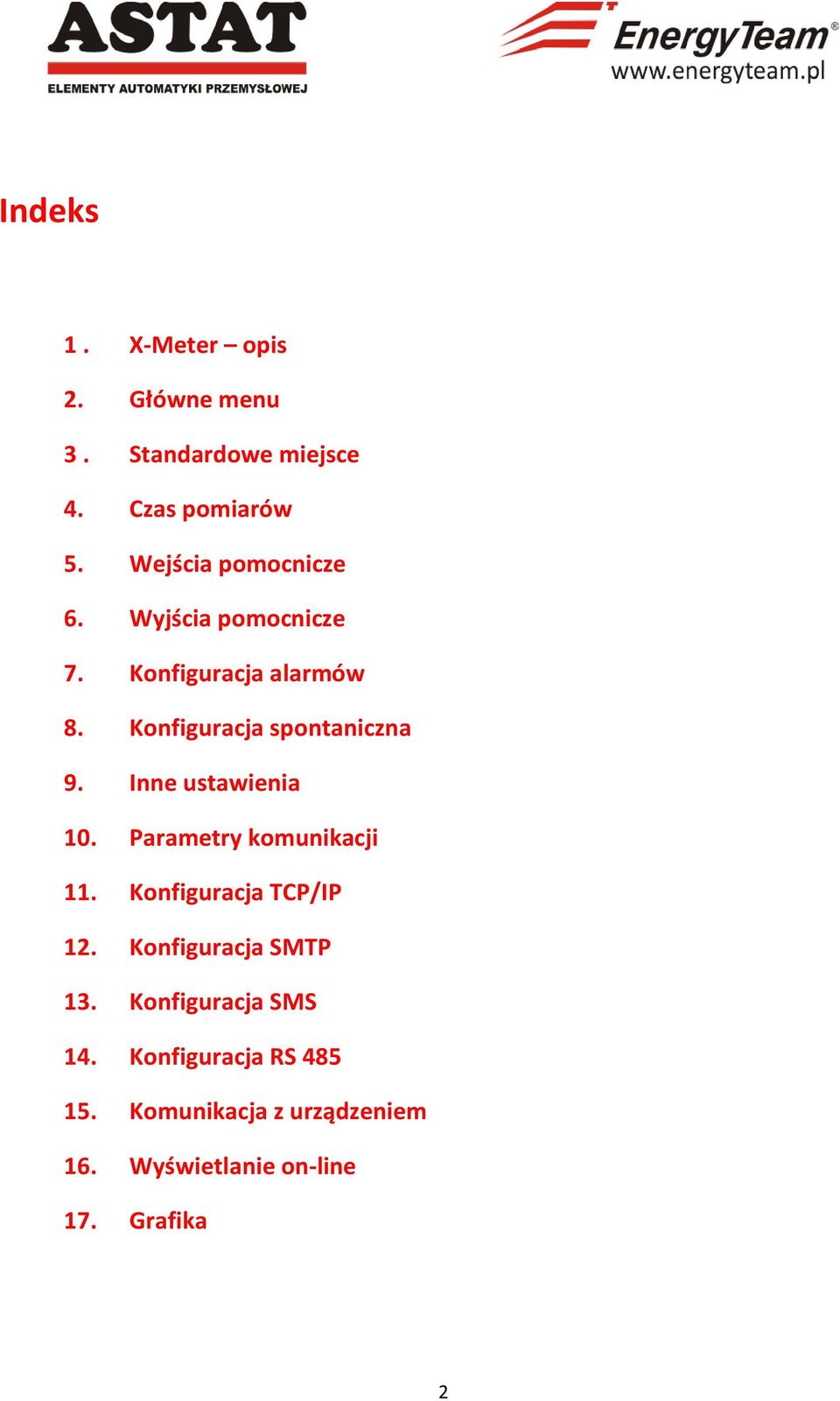 Konfiguracja spontaniczna 9. Inne ustawienia 10. Parametry komunikacji 11.