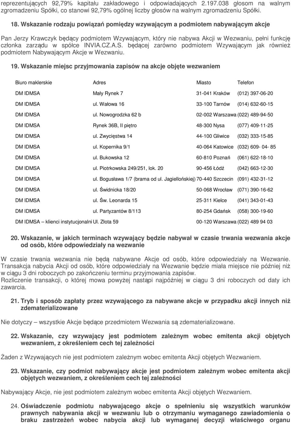 INVIA.CZ.A.S. będącej zarówno podmiotem Wzywającym jak również podmiotem Nabywającym Akcje w Wezwaniu. 19.