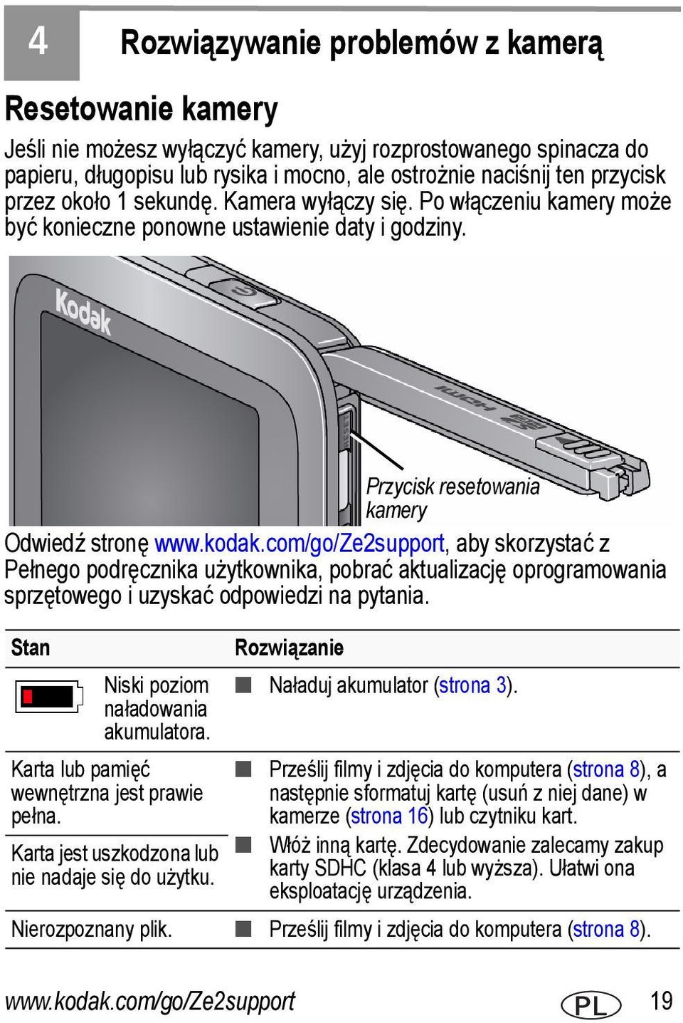 com/go/ze2support, aby skorzystać z Pełnego podręcznika użytkownika, pobrać aktualizację oprogramowania sprzętowego i uzyskać odpowiedzi na pytania. Stan Niski poziom naładowania akumulatora.