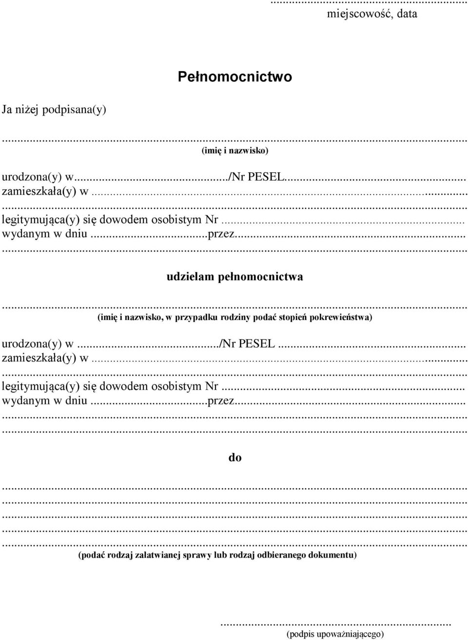 .. udzielam pełnomocnictwa (imię i nazwisko, w przypadku rodziny podać stopień pokrewieństwa) urodzona(y) w.../nr PESEL.