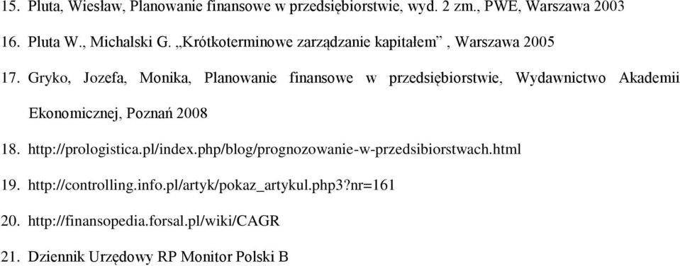 Gryko, Jozefa, Monika, Planowanie finansowe w przedsiębiorstwie, Wydawnictwo Akademii Ekonomicznej, Poznań 2008 18.