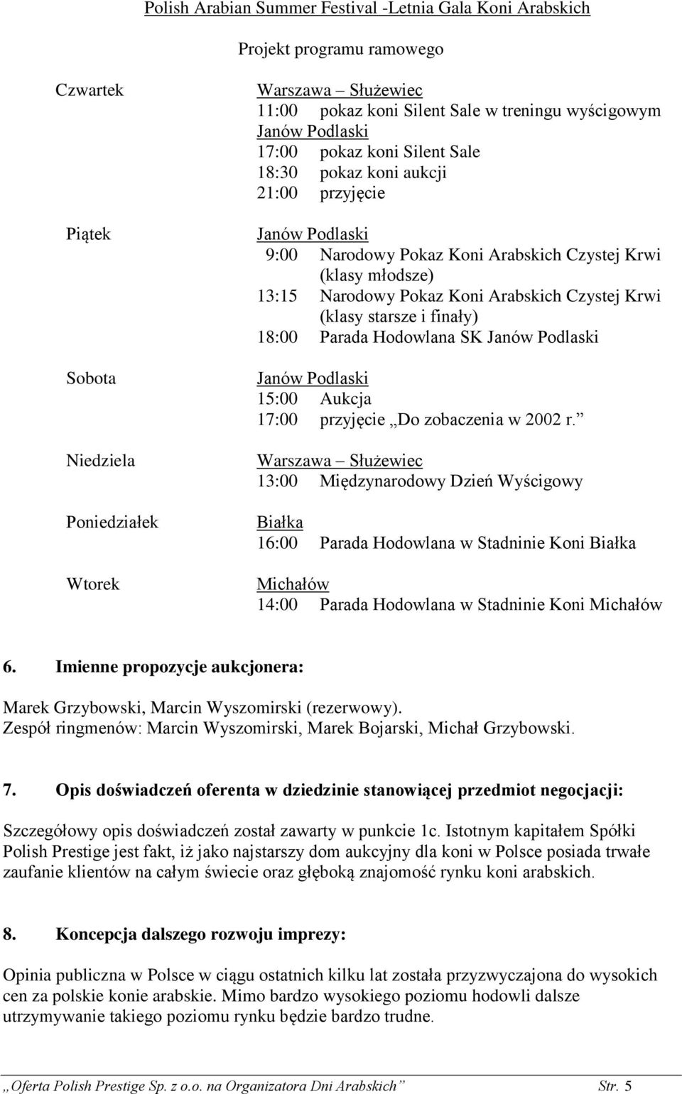 Arabskich Czystej Krwi (klasy starsze i finały) 18:00 Parada Hodowlana SK Janów Podlaski Janów Podlaski 15:00 Aukcja 17:00 przyjęcie Do zobaczenia w 2002 r.