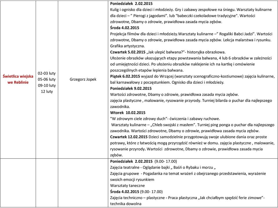 2015 Projekcja filmów dla dzieci i młodzieży.warsztaty kulinarne Rogaliki Babci Jadzi. Wartości zdrowotne, Dbamy o zdrowie, prawidłowa zasada mycia zębów. Lekcja malarstwa i rysunku.