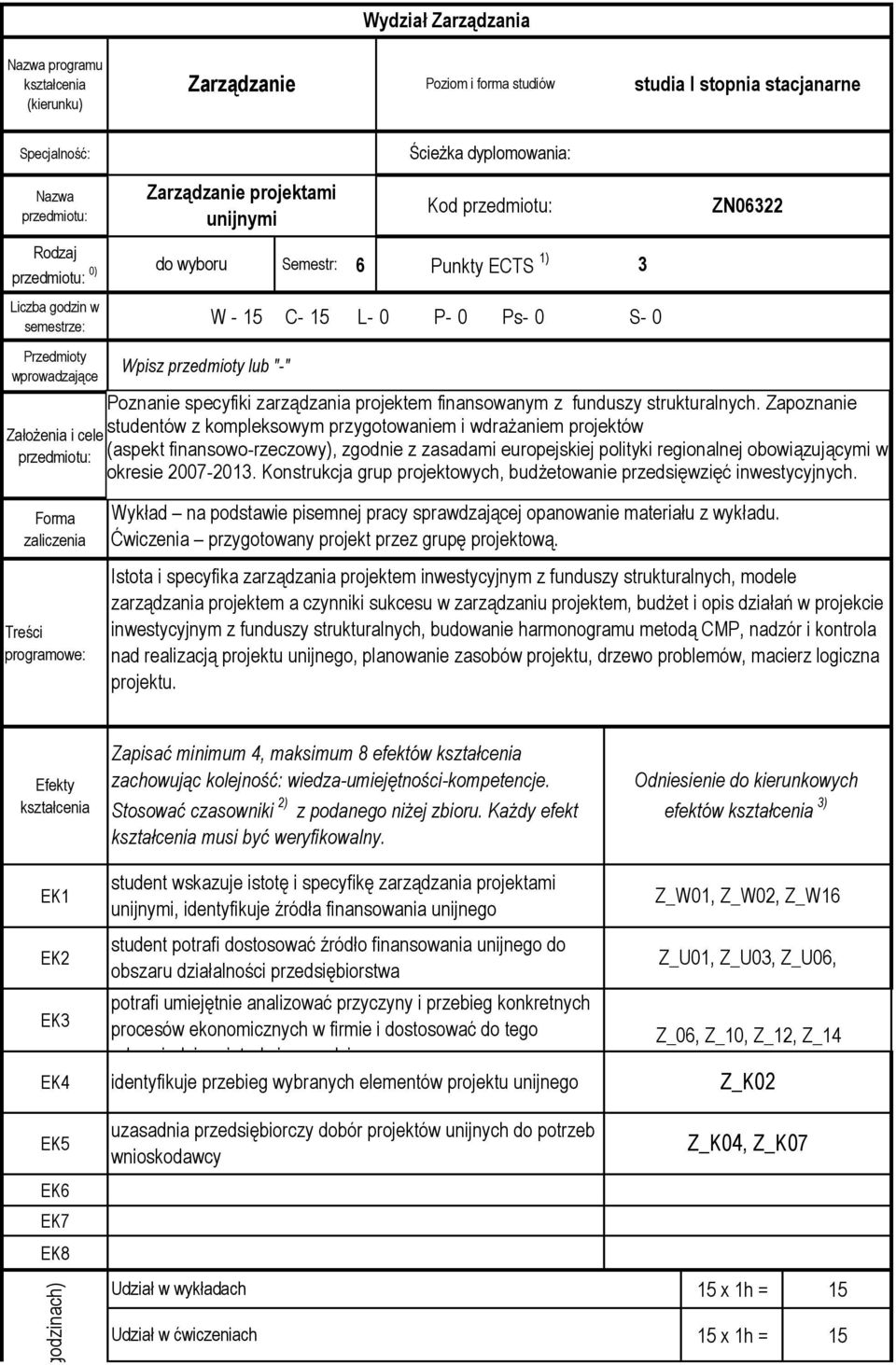 ECTS 1) Poznanie specyfiki zarządzania projektem finansowanym z funduszy strukturalnych.