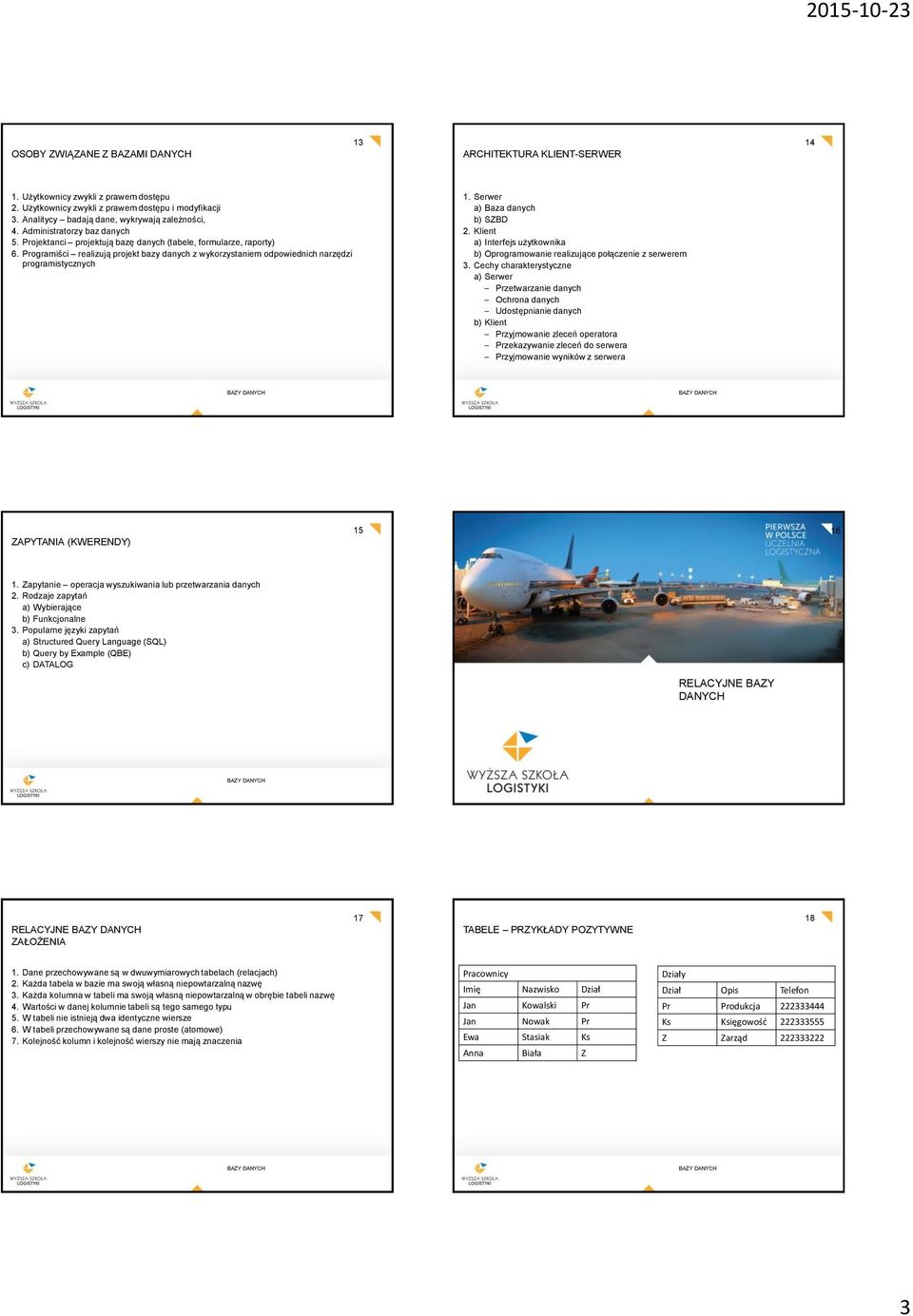 Programiści realizują projekt bazy danych z wykorzystaniem odpowiednich narzędzi programistycznych 1. Serwer a) Baza danych b) SZBD 2.