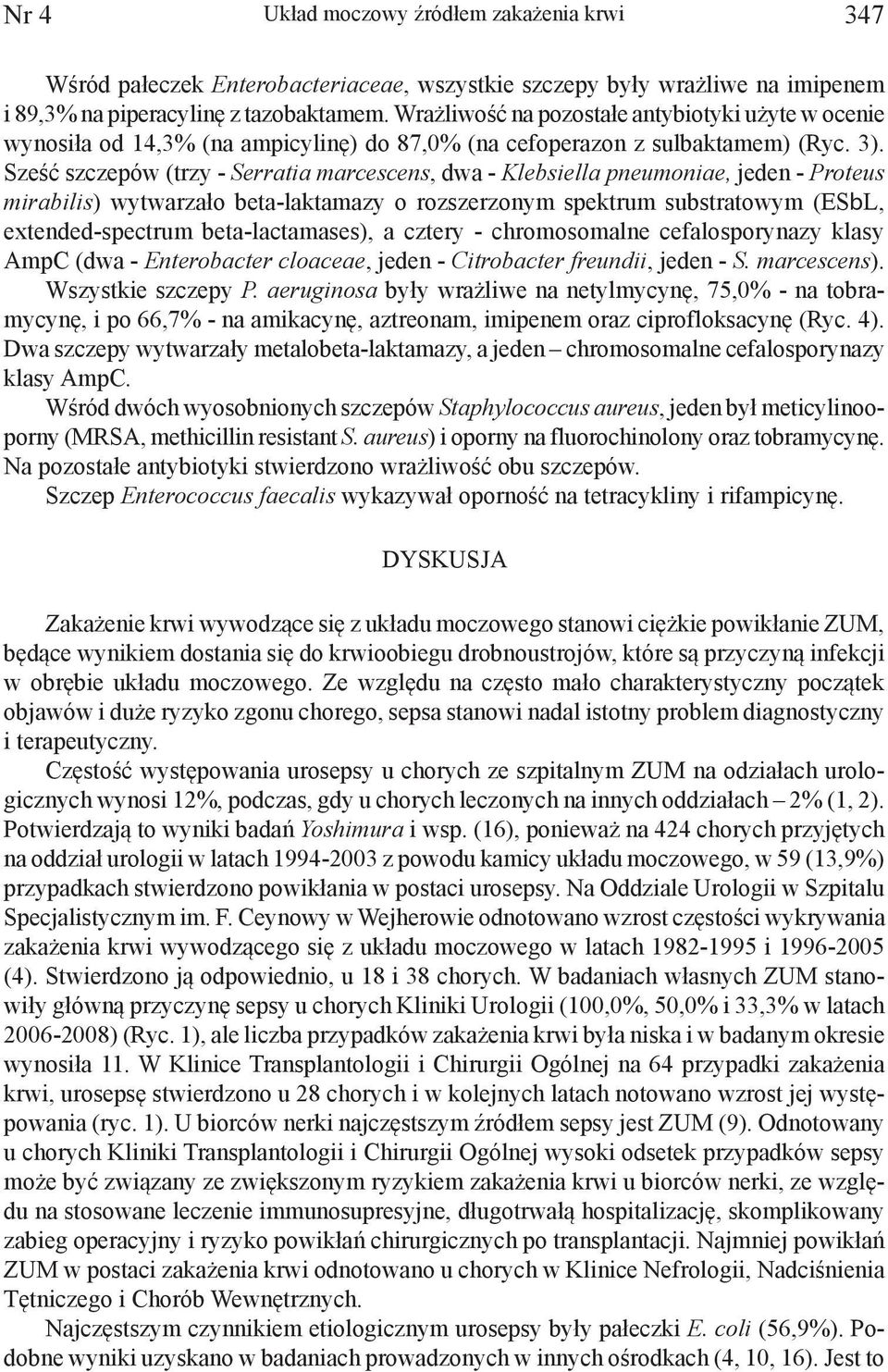 Sześć szczepów (trzy - Serratia marcescens, dwa - Klebsiella pneumoniae, jeden - Proteus mirabilis) wytwarzało beta-laktamazy o rozszerzonym spektrum substratowym (ESbL, extended-spectrum