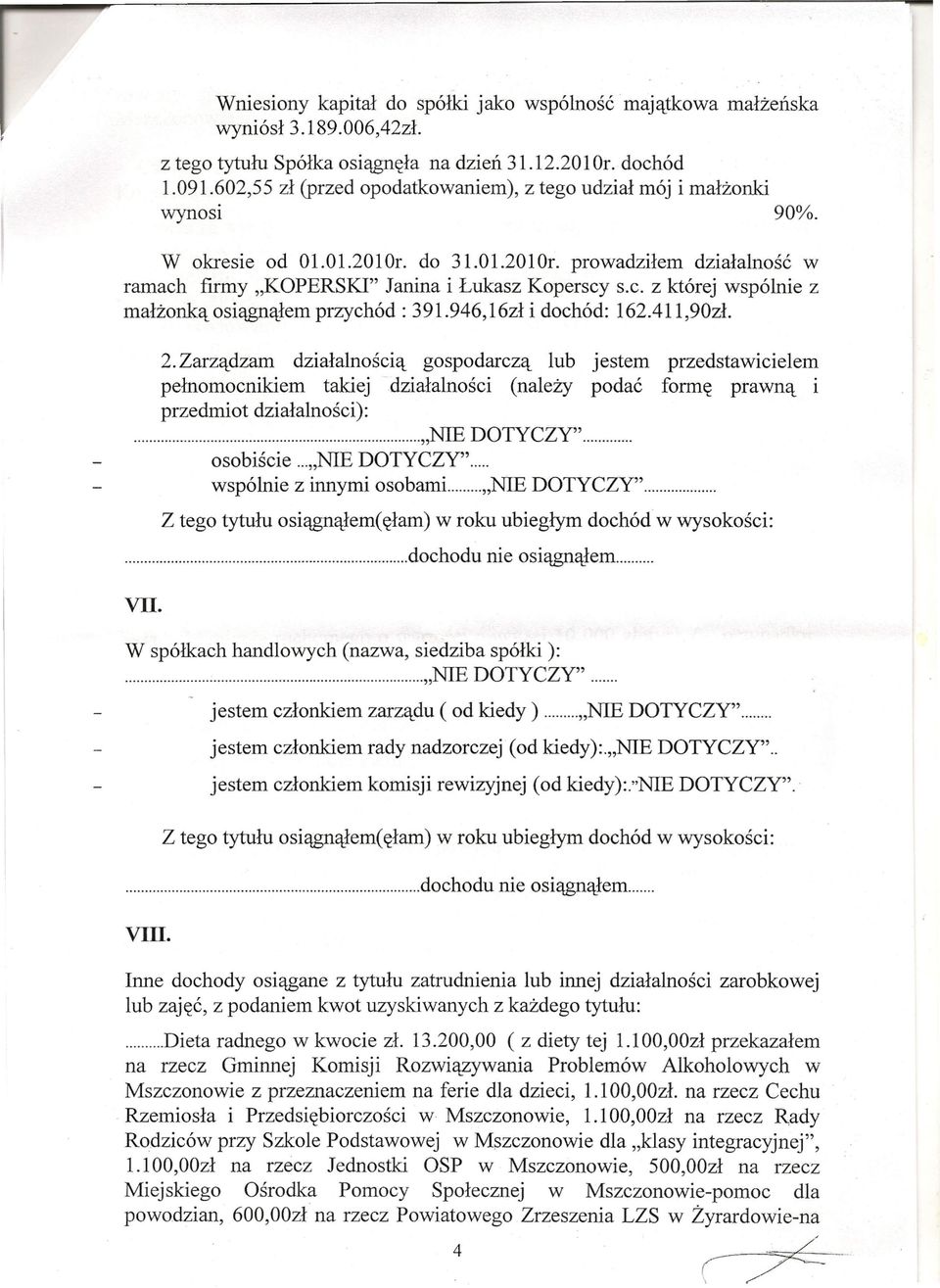 firmy "KOPERSKI" Janina i Łukasz Koperscy s.c. z której wspólnie z małżonką osiągnąłem przychód: 391.946,16zł i dochód: l62.4ll,90zł. 2.