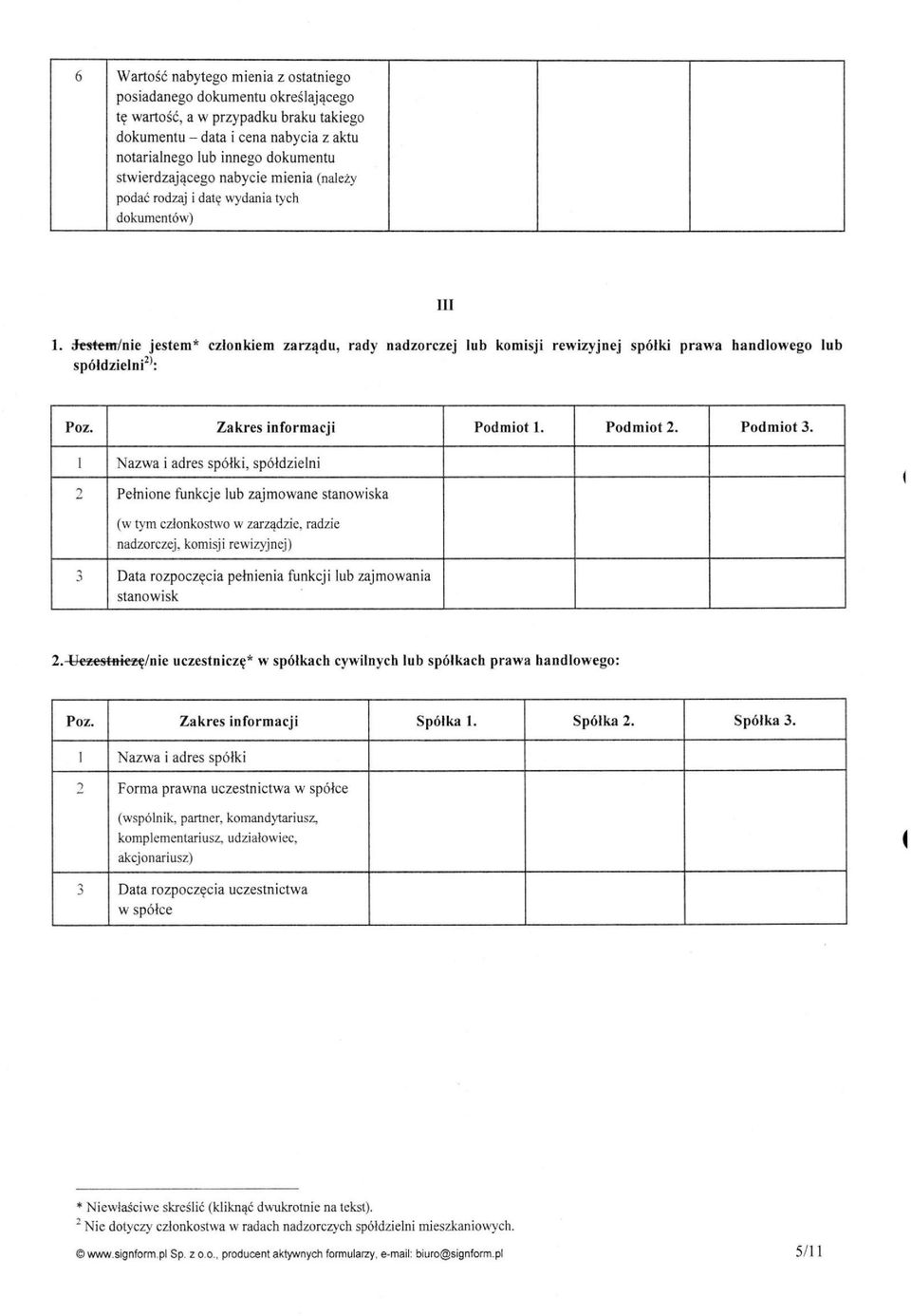 iesłem/nie jestem* członkiem zarządu, rady nadzorczej lub komisji rewizyjnej spółki prawa łiandlowego lub spółdzielni^': Poz. Zakres informacji Podmiot 1. Podmiot 2. Podmiot 3.