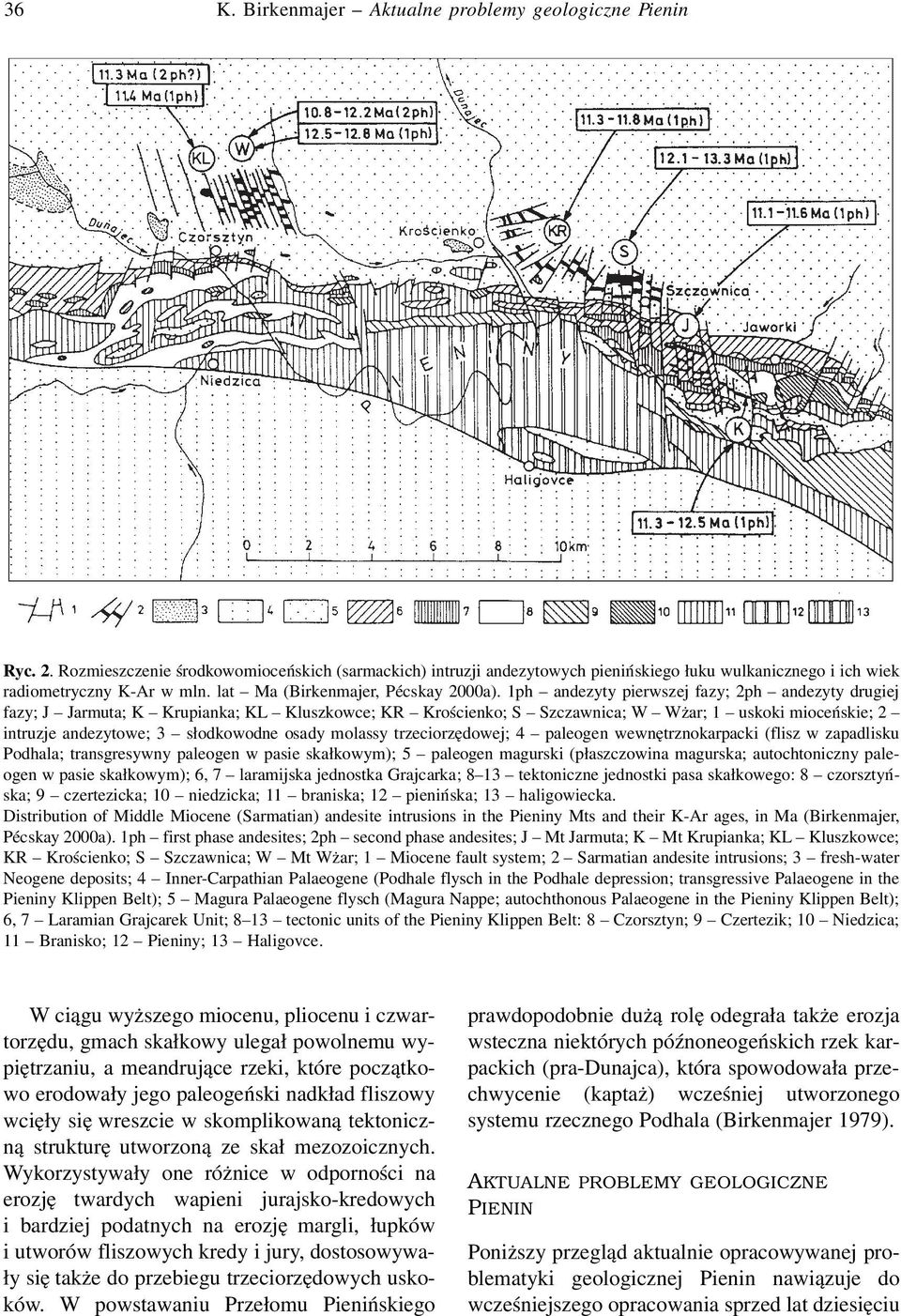 1ph andezyty pierwszej fazy; 2ph andezyty drugiej fazy; J Jarmuta; K Krupianka; KL Kluszkowce; KR Krościenko; S Szczawnica; W Wżar; 1 uskoki mioceńskie; 2 intruzje andezytowe; 3 słodkowodne osady