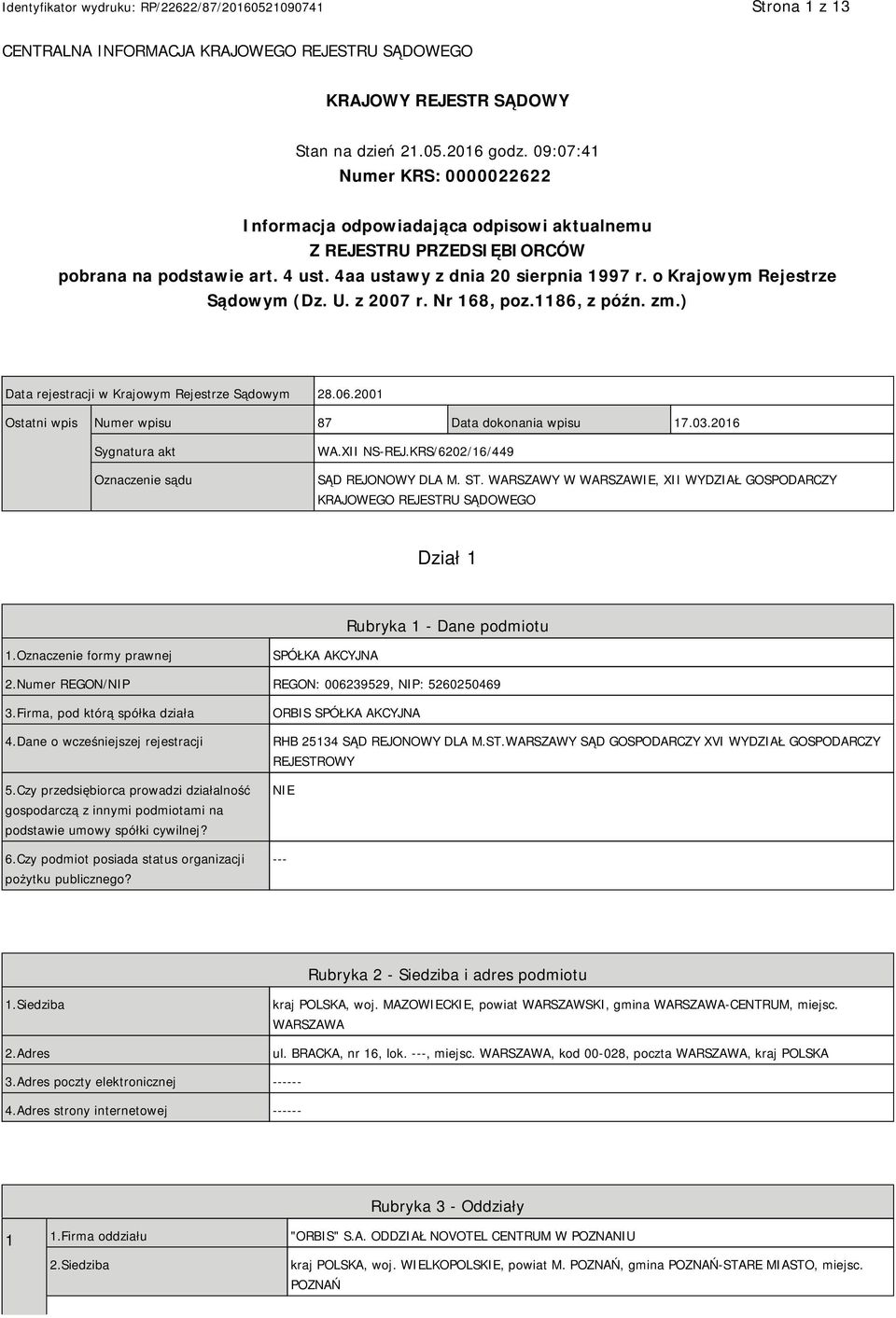 o Krajowym Rejestrze Sądowym (Dz. U. z 2007 r. Nr 168, poz.1186, z późn. zm.) Data rejestracji w Krajowym Rejestrze Sądowym 28.06.2001 Ostatni wpis Numer wpisu 87 Data dokonania wpisu 17.03.